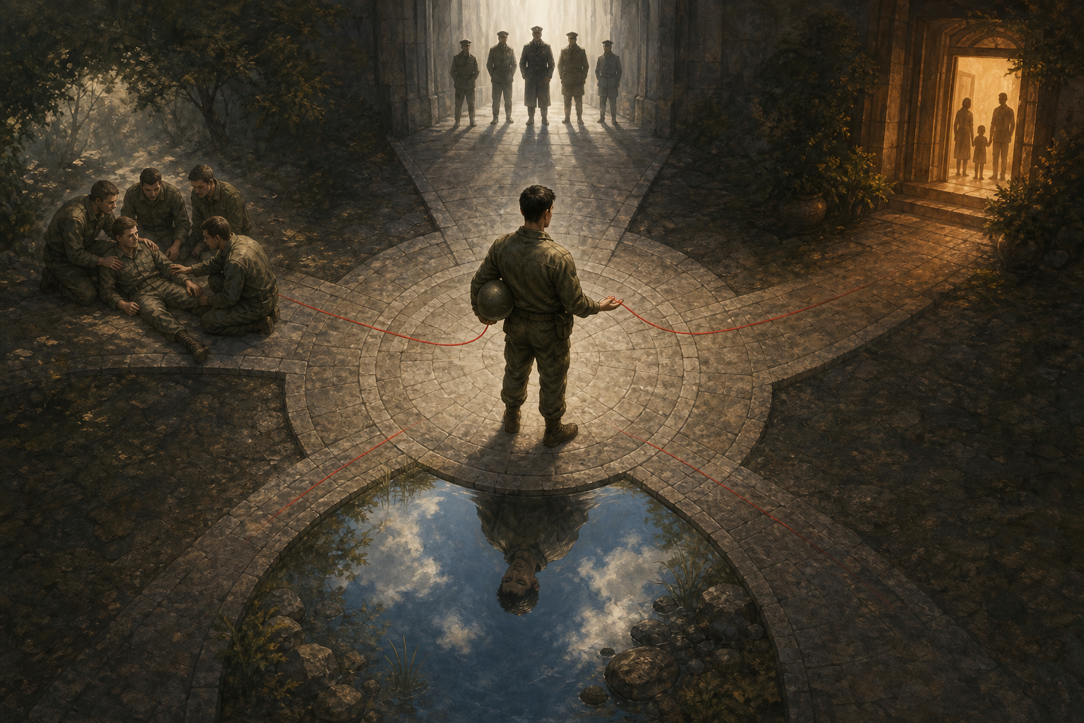 A soldier stands where four paths lead toward commanders, comrades, a home, and a reflecting pool.