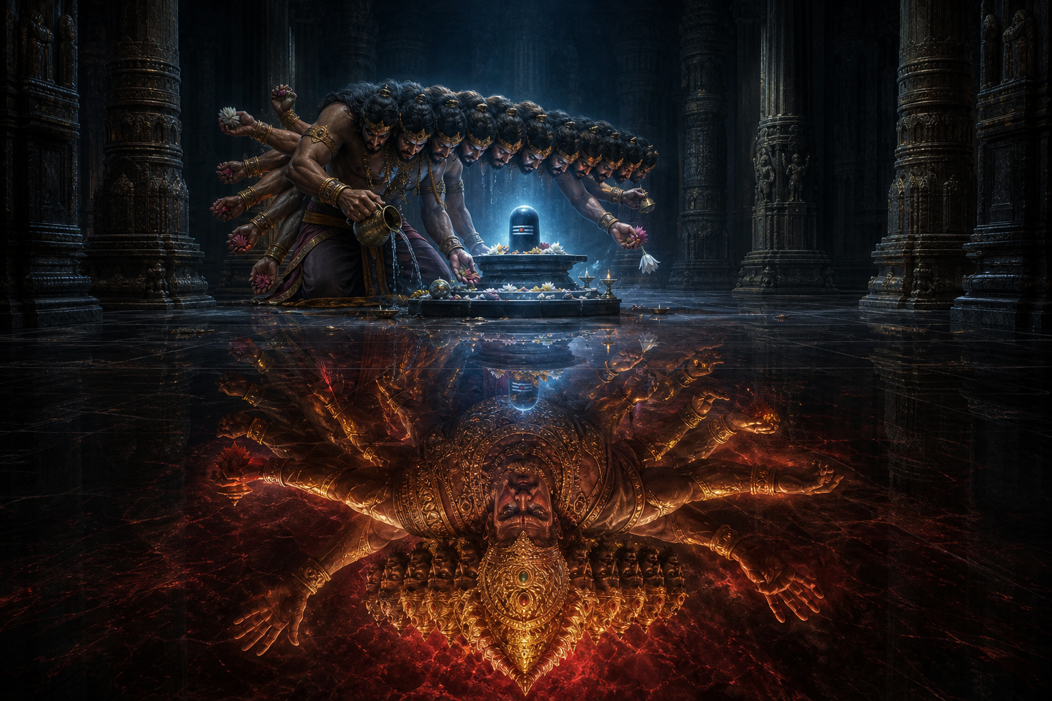 Ravana bows in worship before a Shiva linga while his reflection appears upright beneath an enlarged crown and spreading shadow.