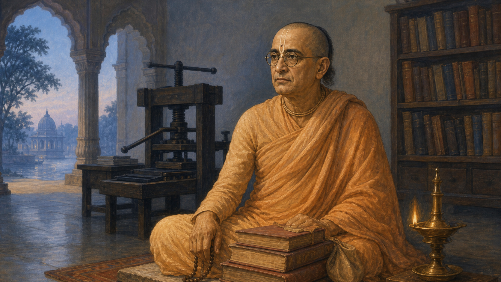 Editorial painting of Bhaktisiddhanta Sarasvati Thakur seated with prayer beads and books, with a printing press and temple arches behind him.