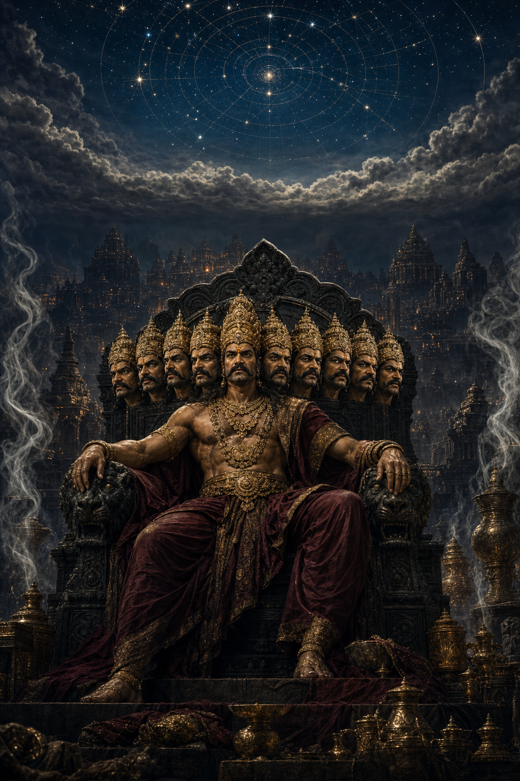 Ravana sits on a shadowed golden throne while a distant pattern of stars and concentric light appears above the clouds.