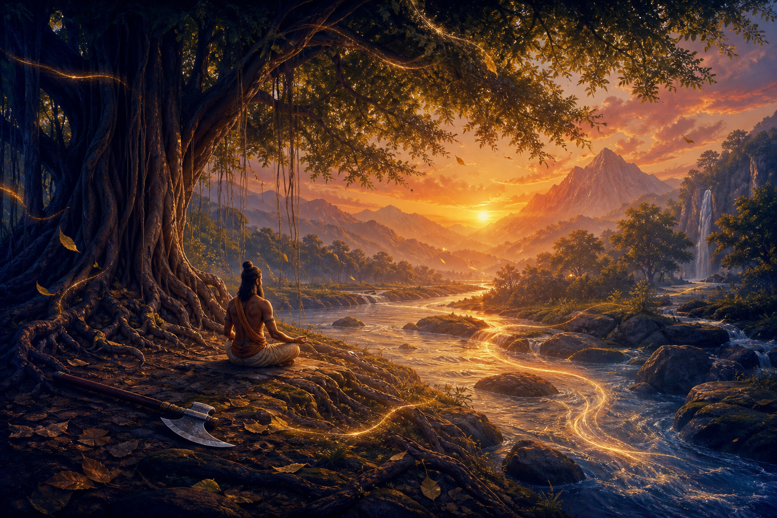 Parashurama meditates alone beneath a banyan tree while golden light flows through the surrounding river, roots, and leaves.