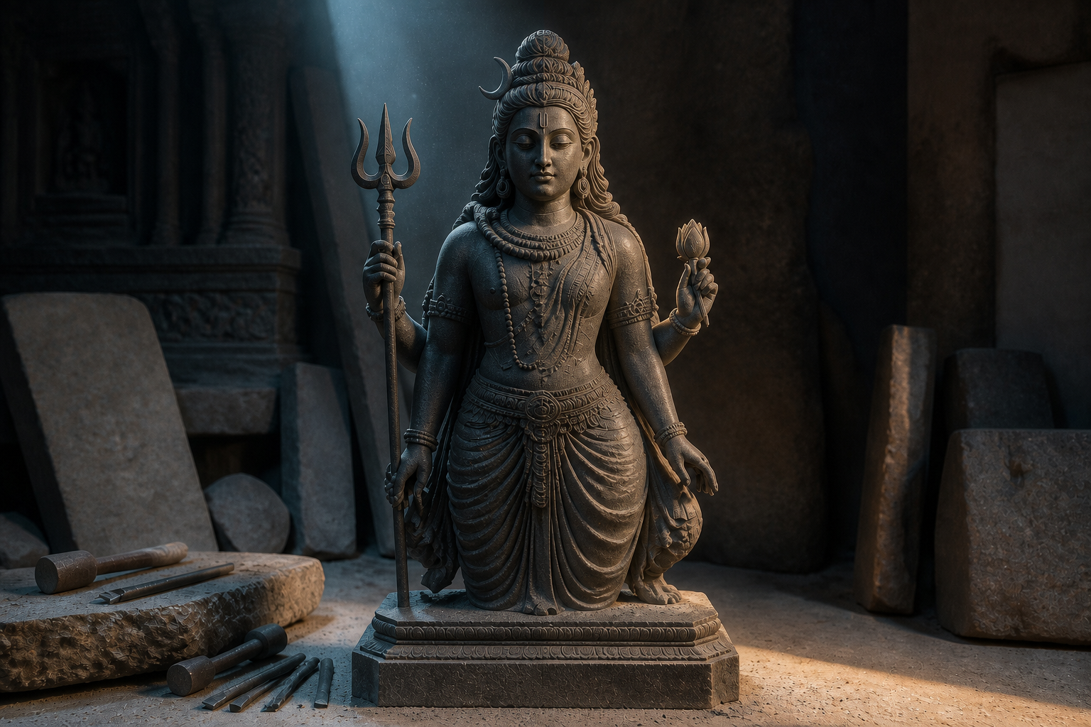 A single granite Ardhanareeswara sculpture with distinct Shiva and Parvati details stands in a quiet stone-carving workshop.