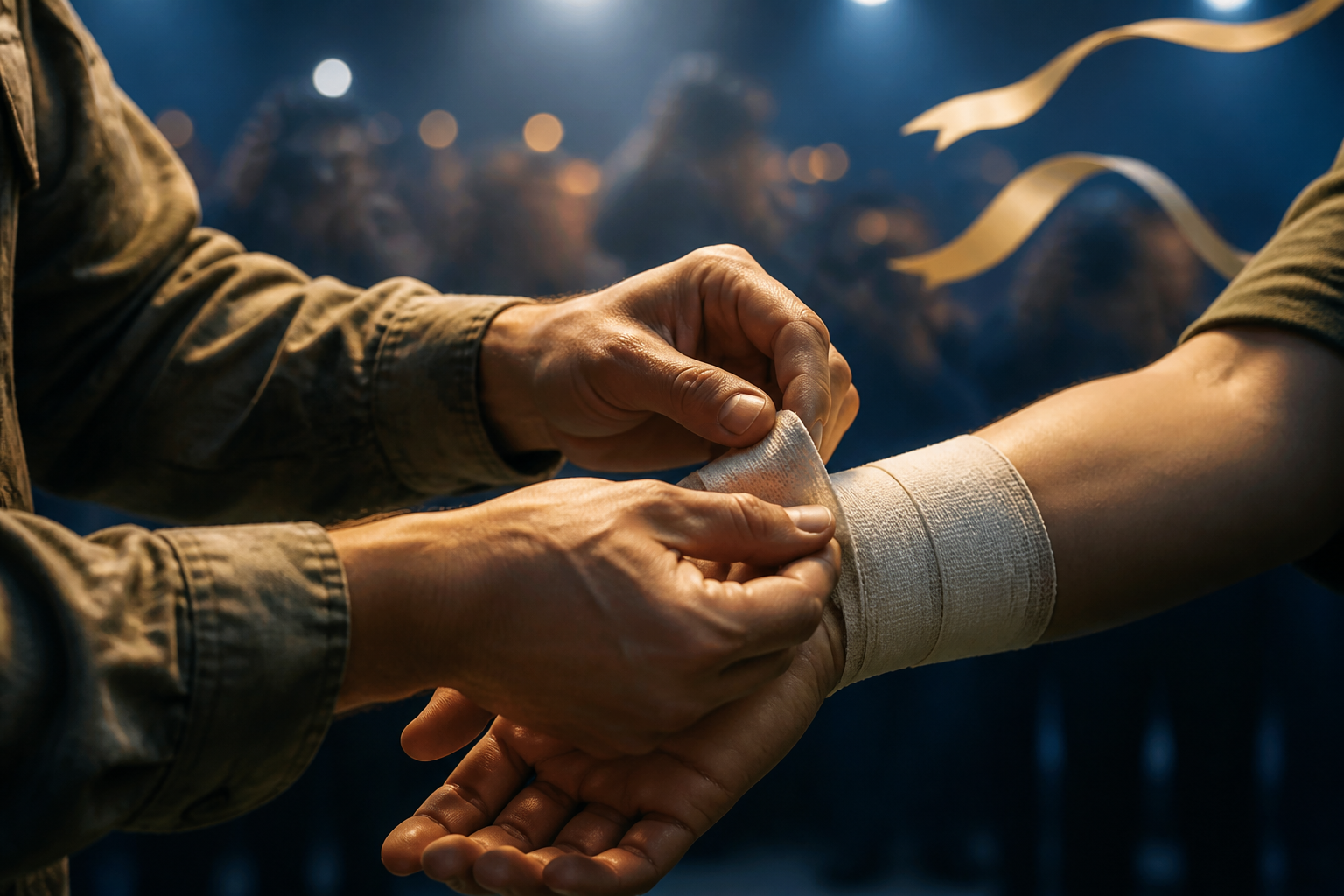 A soldier carefully wraps a bandage around another person's forearm while a distant stadium crowd remains out of focus.