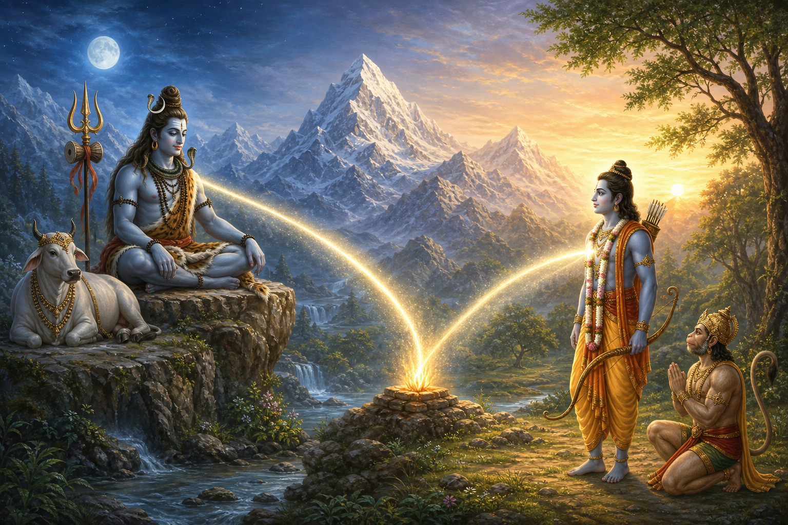 Shiva sits on a Himalayan ledge opposite Rama in a forest as one arc of light joins them above a central sacred flame.