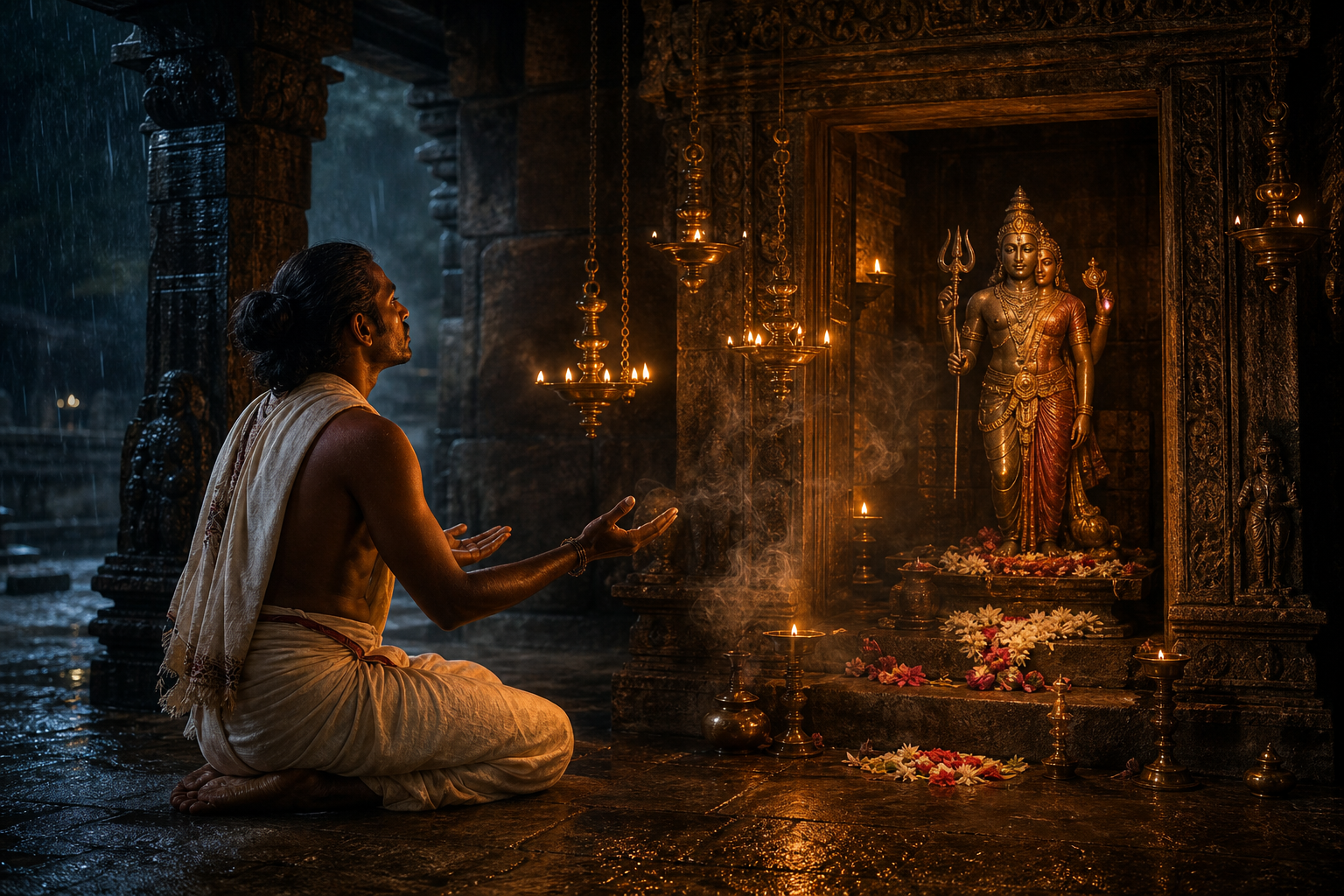 A Tamil Shaiva poet-devotee kneels with open hands before a lamp-lit Ardhanareeswara image inside a stone temple.