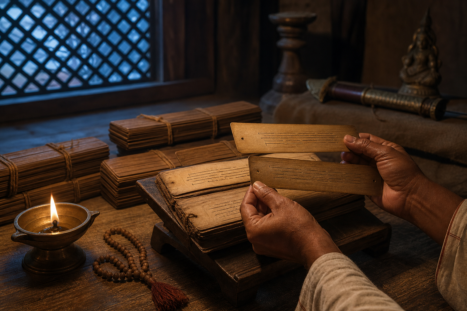 A reader's hands compare palm-leaf manuscripts on a wooden stand beside an oil lamp, prayer beads, and a sheathed axe.