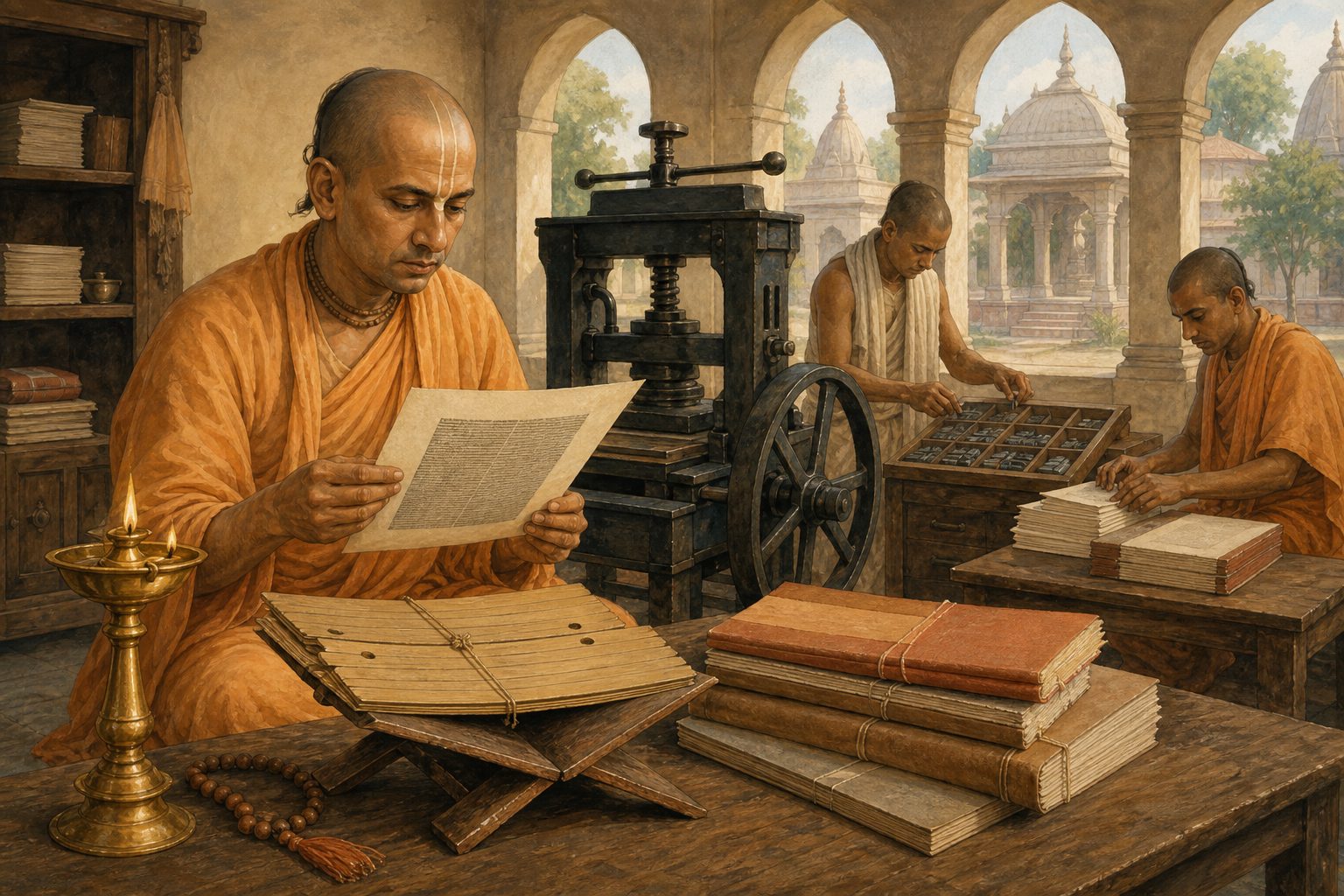 A Vaishnava scholar and assistants work with a hand-operated printing press beside manuscripts, prayer beads, and stacks of bound books.