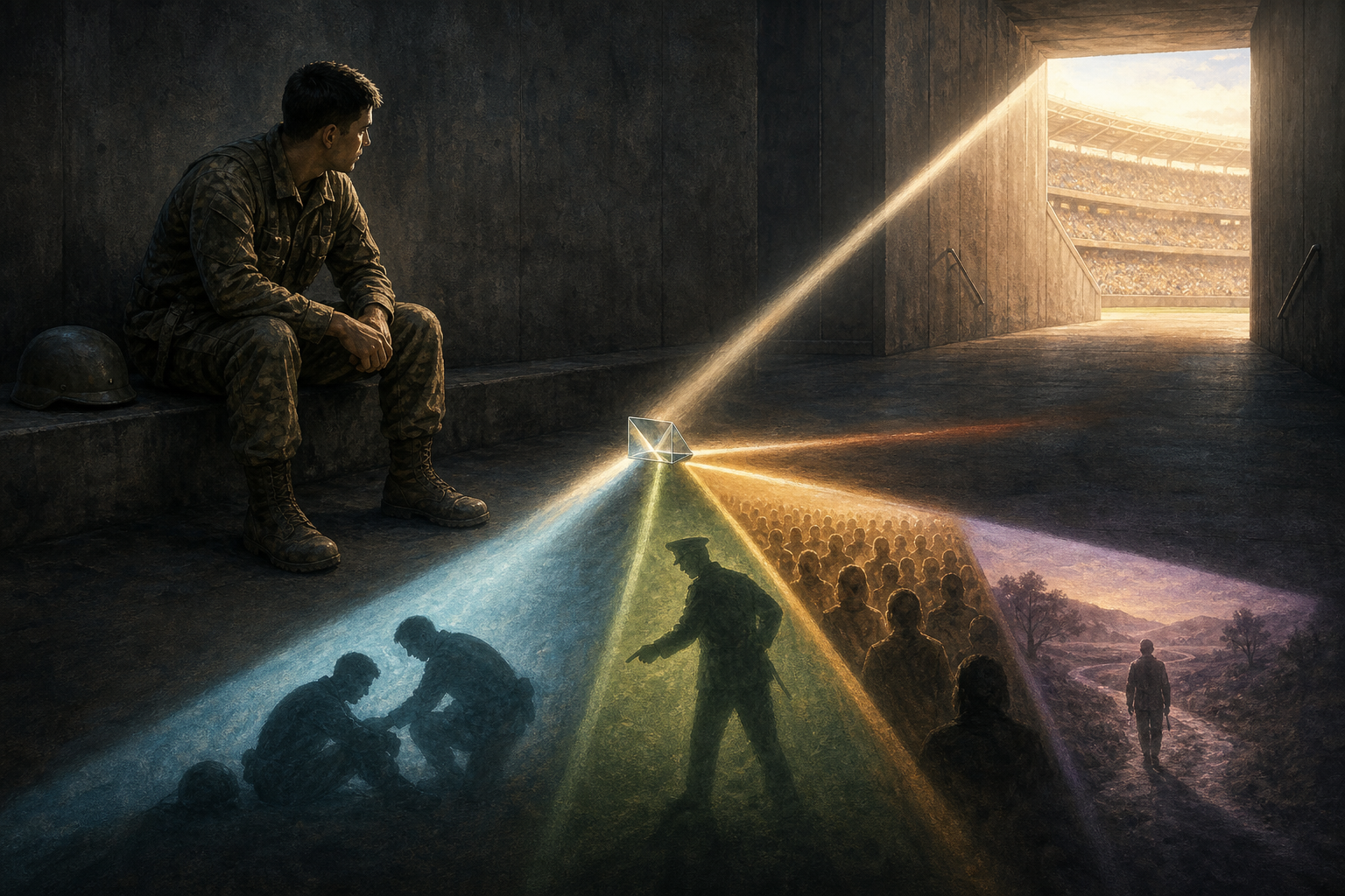 A seated soldier watches a prism divide one large shadow into silhouettes of a comrade, authority figures, a crowd, and a road home.