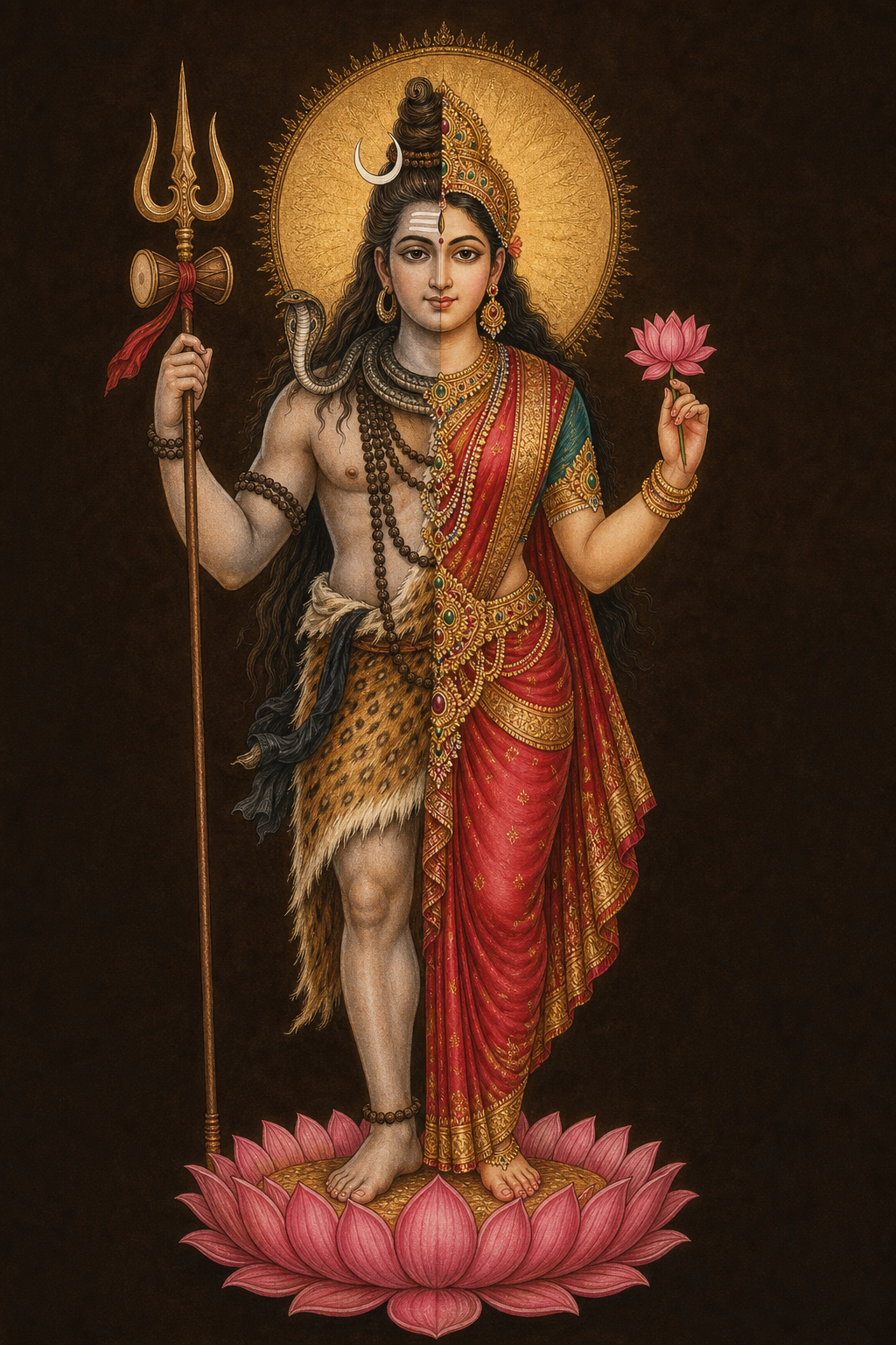 Front-facing Ardhanareeswara illustration showing Shiva's iconographic features on the right and Parvati's on the left within one continuous body.