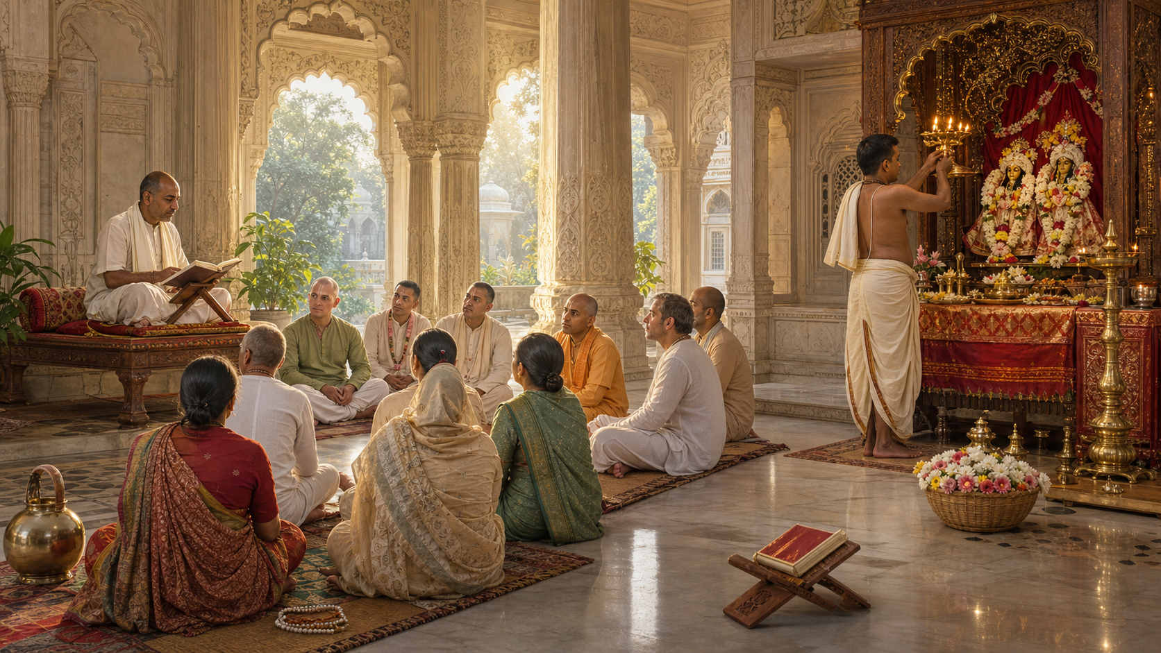 Devotees listen to a teacher reading scripture while a temple attendant offers a lamp at a flower-decorated Vaishnava altar.