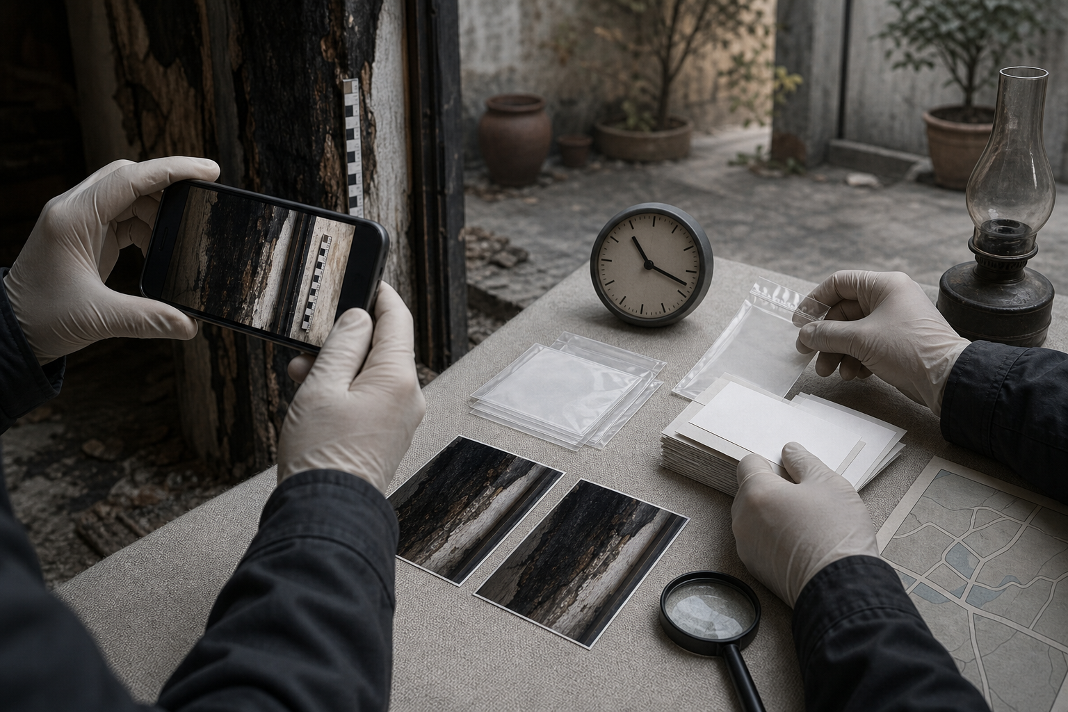 Investigators photograph a scorched doorframe and organize sealed evidence sleeves, duplicate images, a magnifier, a clock, and an unlabeled map without revealing identities.