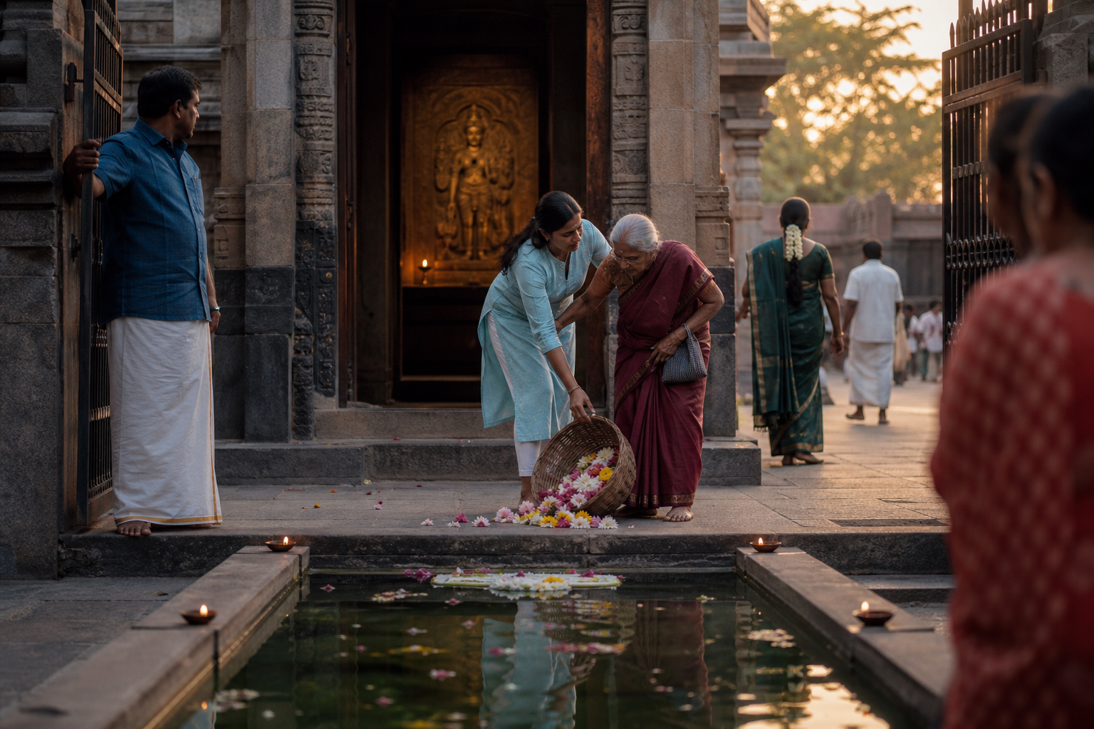 A devotee helps an elderly visitor on temple steps while an Ardhanareeswara relief glows inside the shrine behind them.