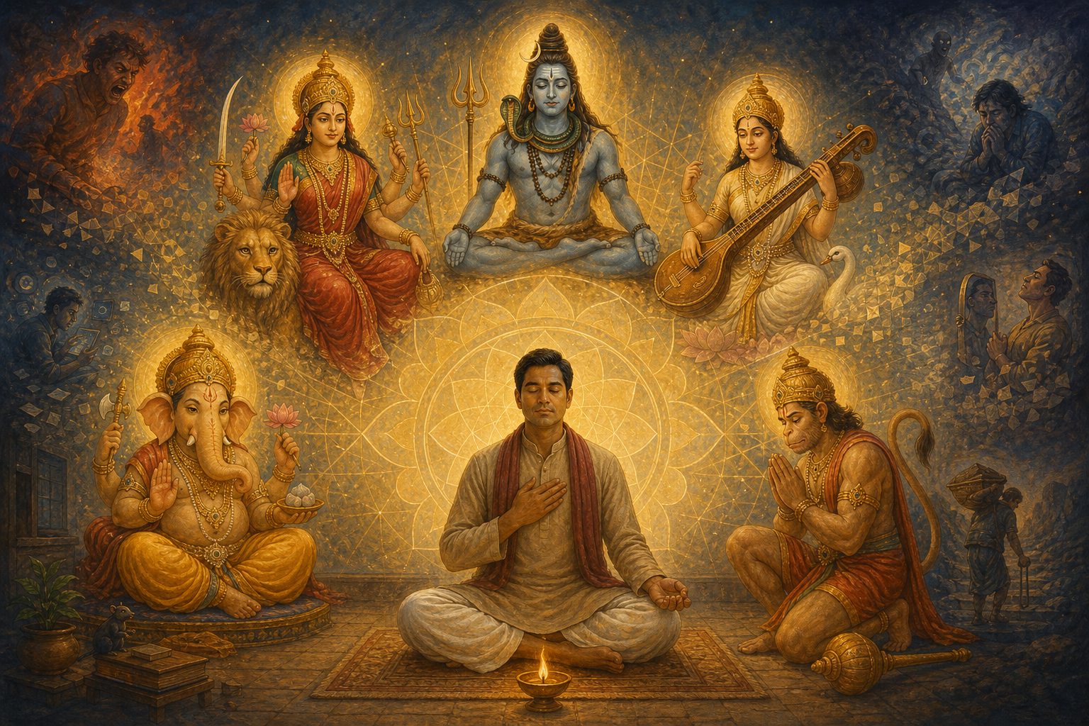 A seated practitioner contemplates luminous forms of Ganesha, Durga, Shiva, Saraswati, and Hanuman arranged in a semicircle around them.