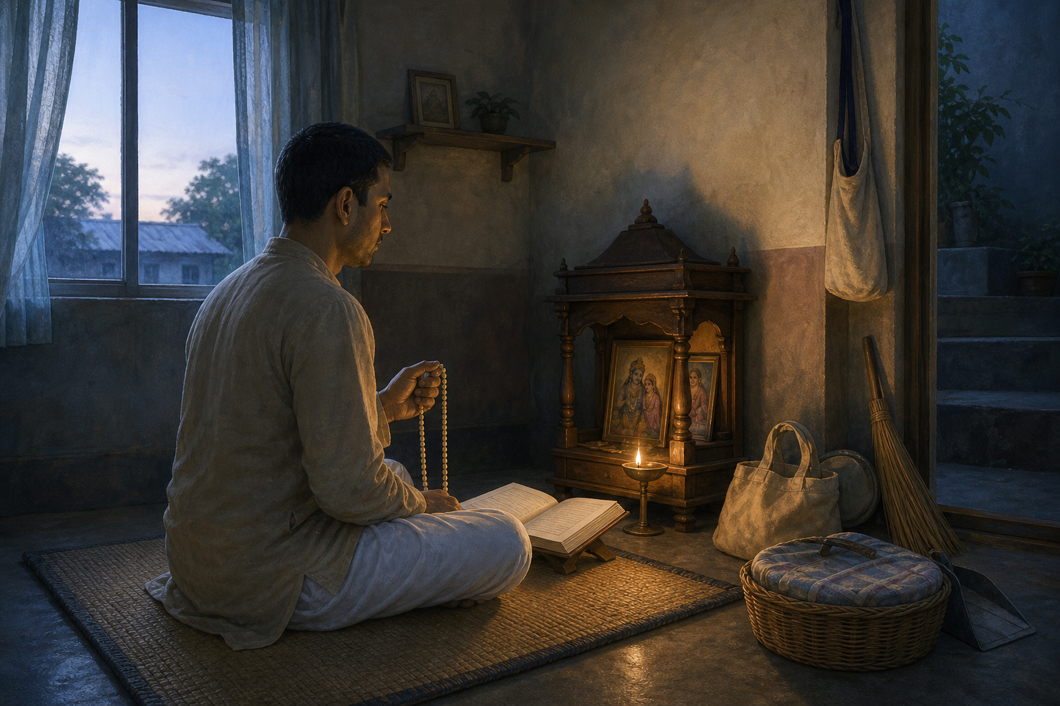 A practitioner chants with prayer beads beside an open scripture and small shrine, with a food basket and cleaning tools prepared for service near the door.