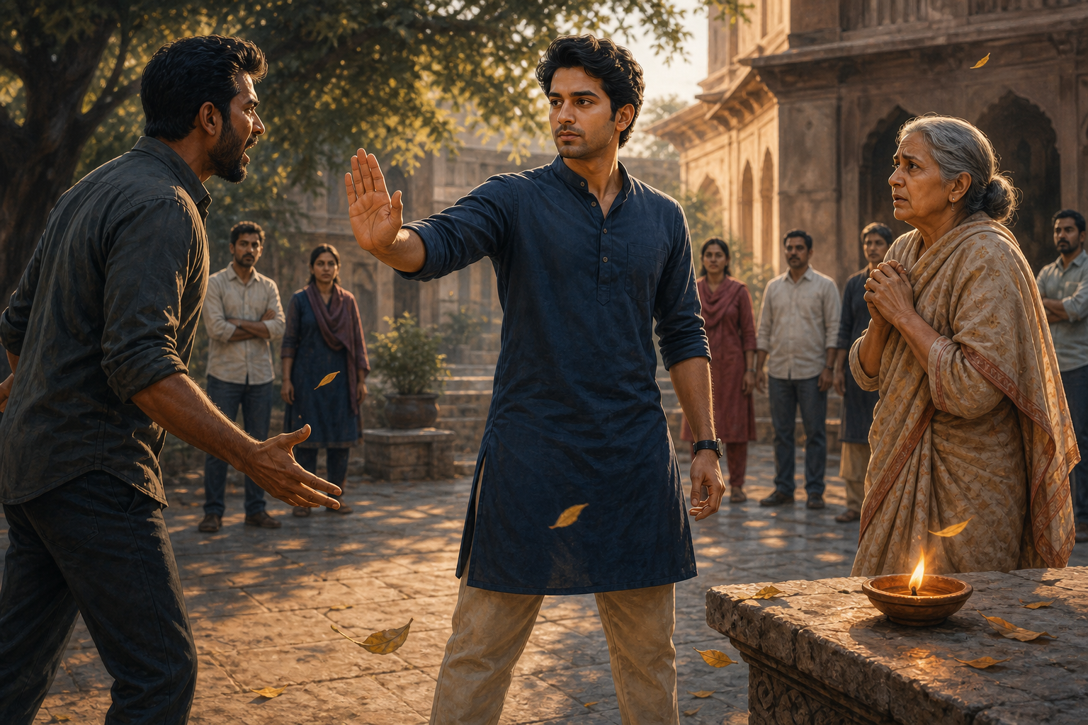 A calm person raises an open hand while standing between an angry aggressor and an older person in a public courtyard, with a small oil lamp burning nearby.