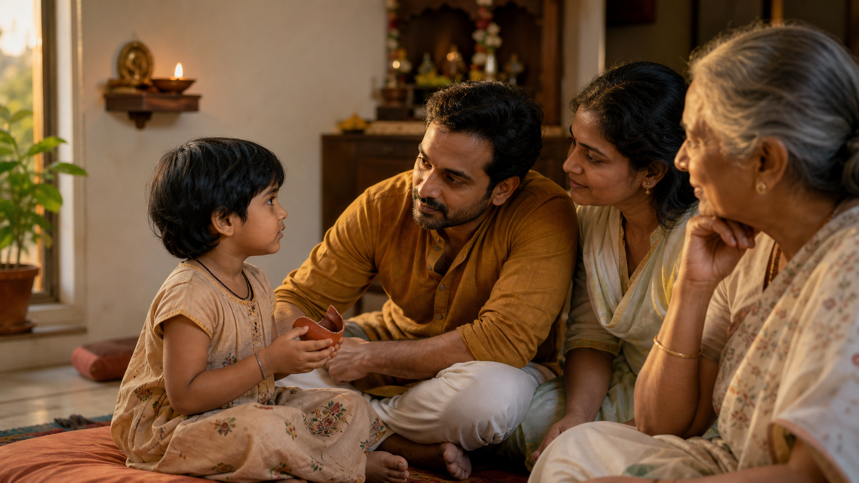 A parent listens to a child holding a broken clay cup while other family members sit nearby in a warmly lit home.
