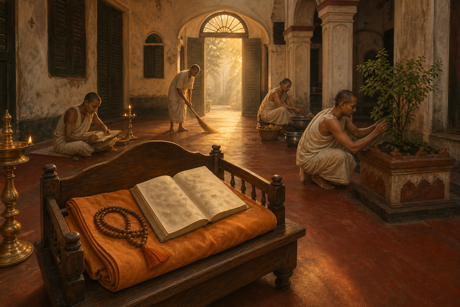 An empty teaching seat with saffron cloth, prayer beads, and an open scripture stands in a Bengali monastery courtyard where devotees study, sweep, prepare food, and tend a tulasi plant at dawn.