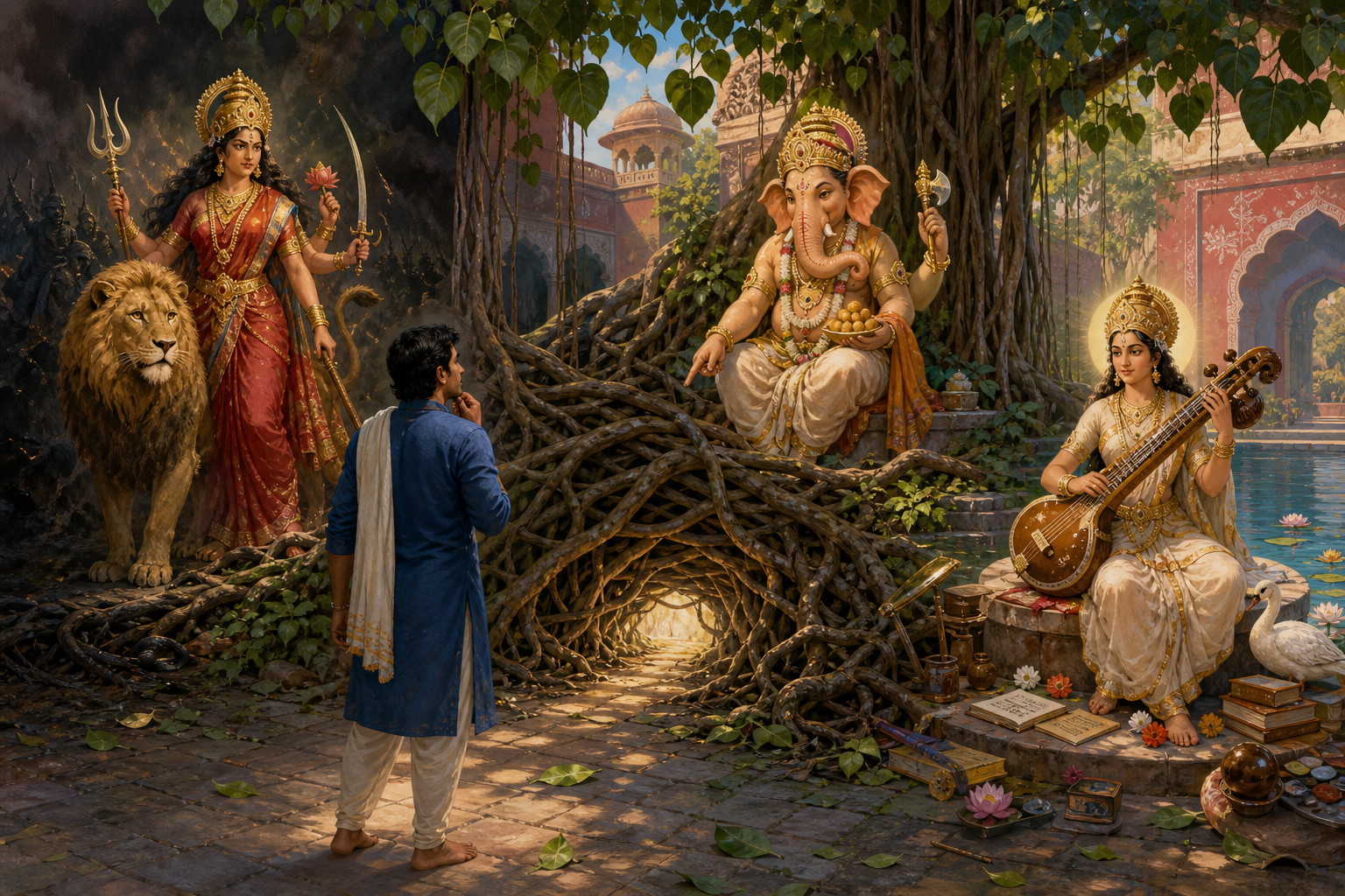 A practitioner facing a root-blocked path turns toward Ganesha while forms of Durga and Saraswati remain nearby as other possible responses.