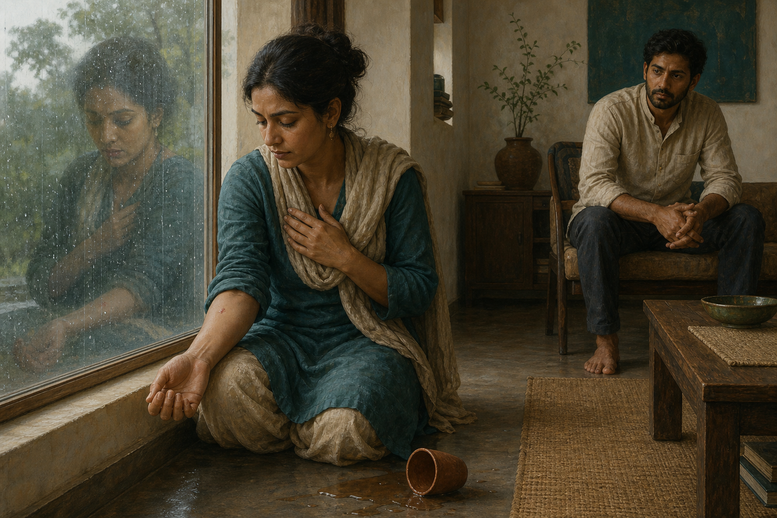 A seated person examines a mark on their arm beside a fallen cup while another person watches from across the room.