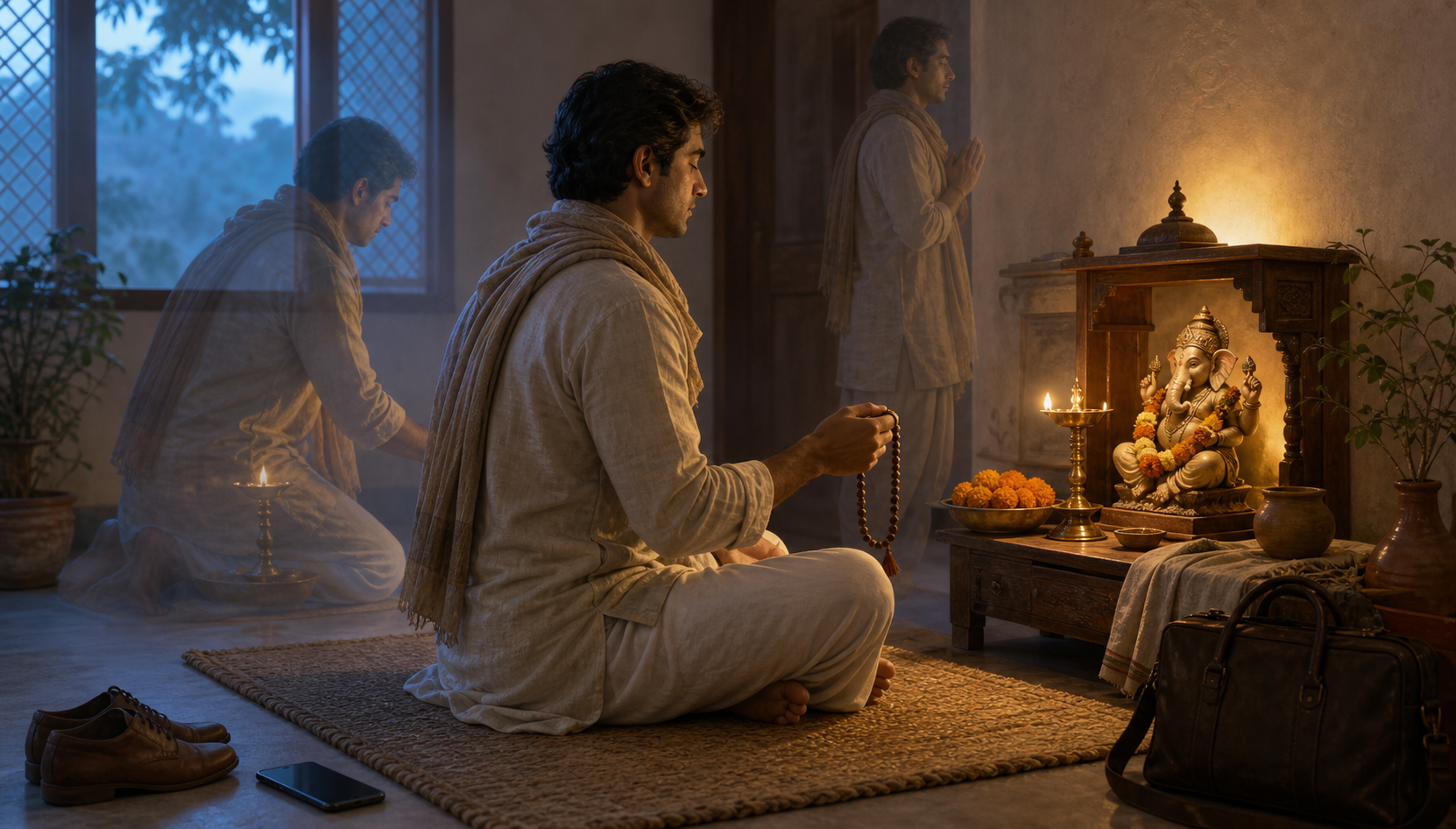 A practitioner performs a dawn ritual with a mala before a small Ganesha shrine lit by a brass oil lamp.