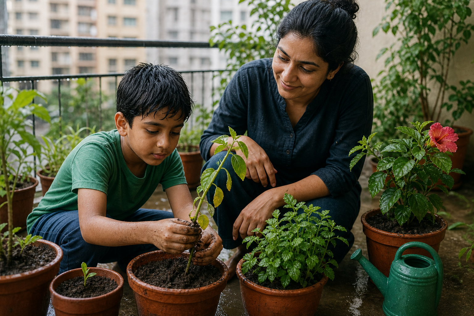 A parent and child care for a bent young plant among balcony pots at different stages of growth.