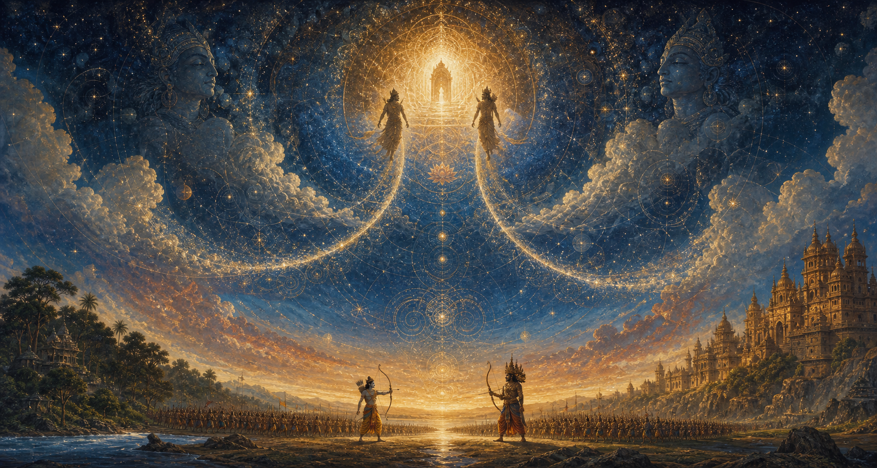 Small figures of Rama and Ravana meet on a distant battlefield beneath celestial pathways descending from a radiant gateway.