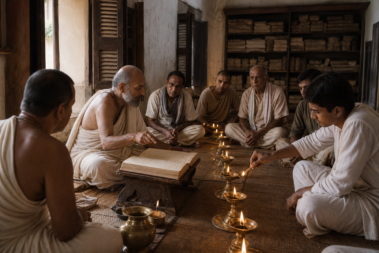 A teacher and adult students sit around open scriptures in a Bengali study hall as one student lights an oil lamp from another flame.