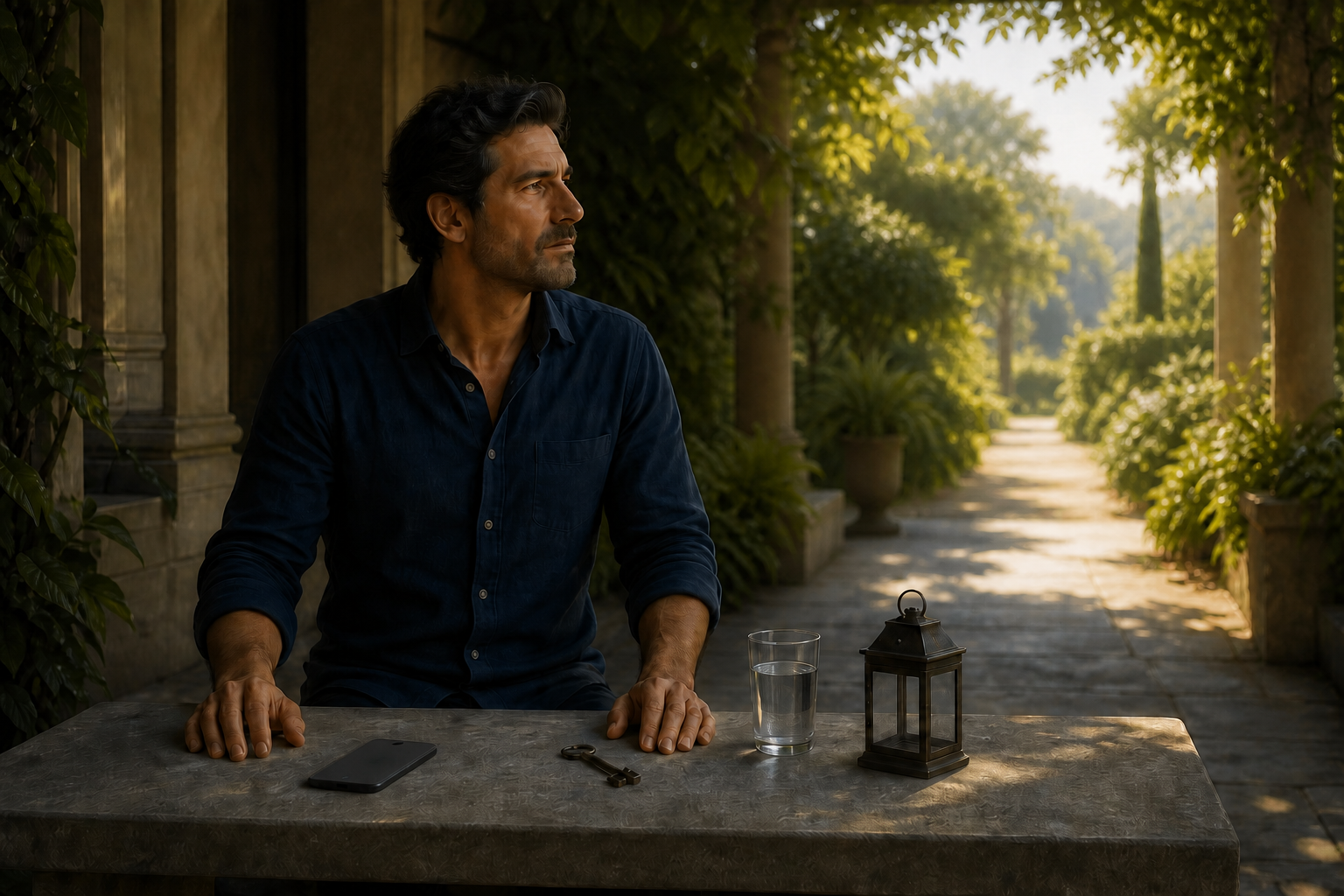 A thoughtful person places a phone face down on a bench beside a key, a glass of water, and an unlit lantern on a shaded veranda.
