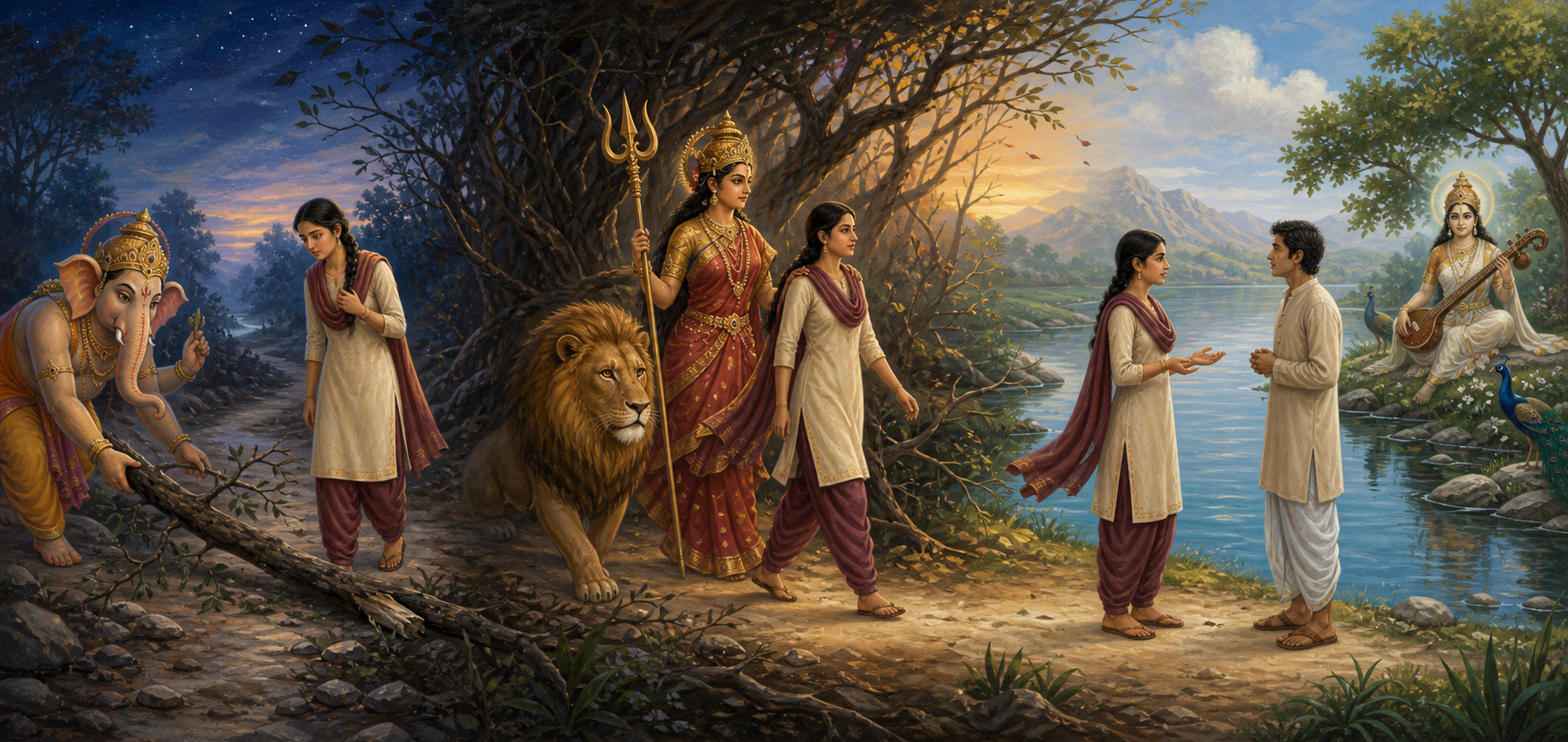 A practitioner follows a continuous path where Ganesha clears an obstacle, Durga accompanies them through darkness, and Saraswati presides over a calm conversation.