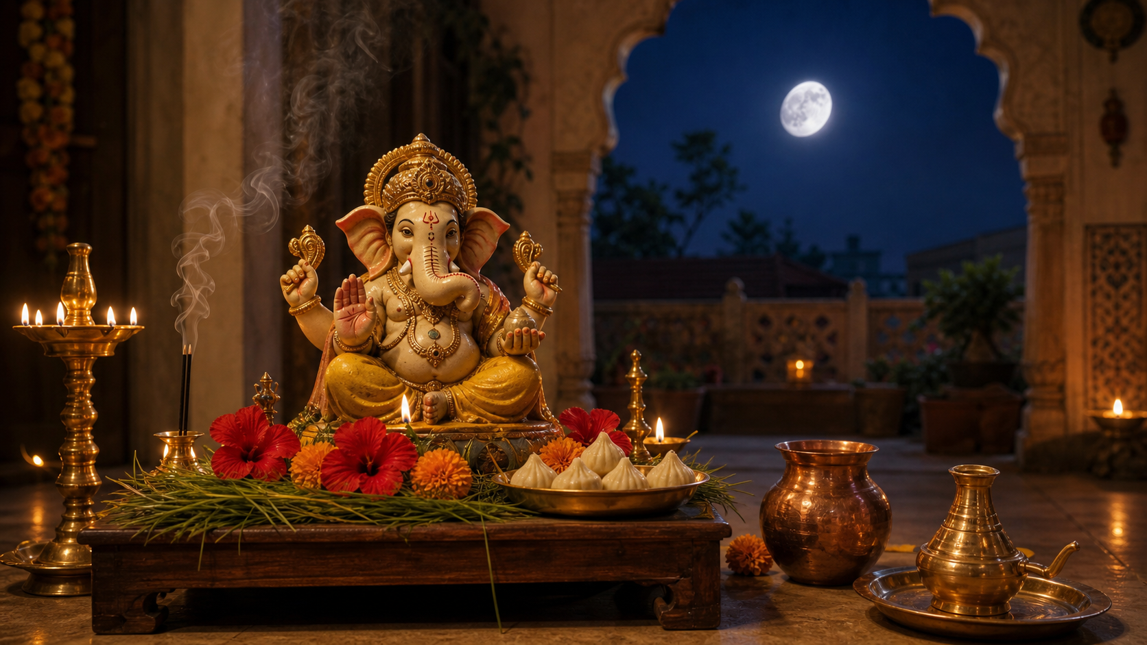 A Ganesha altar with flowers, durva grass, modaks, oil lamps, and copper vessels beneath a rising moon.