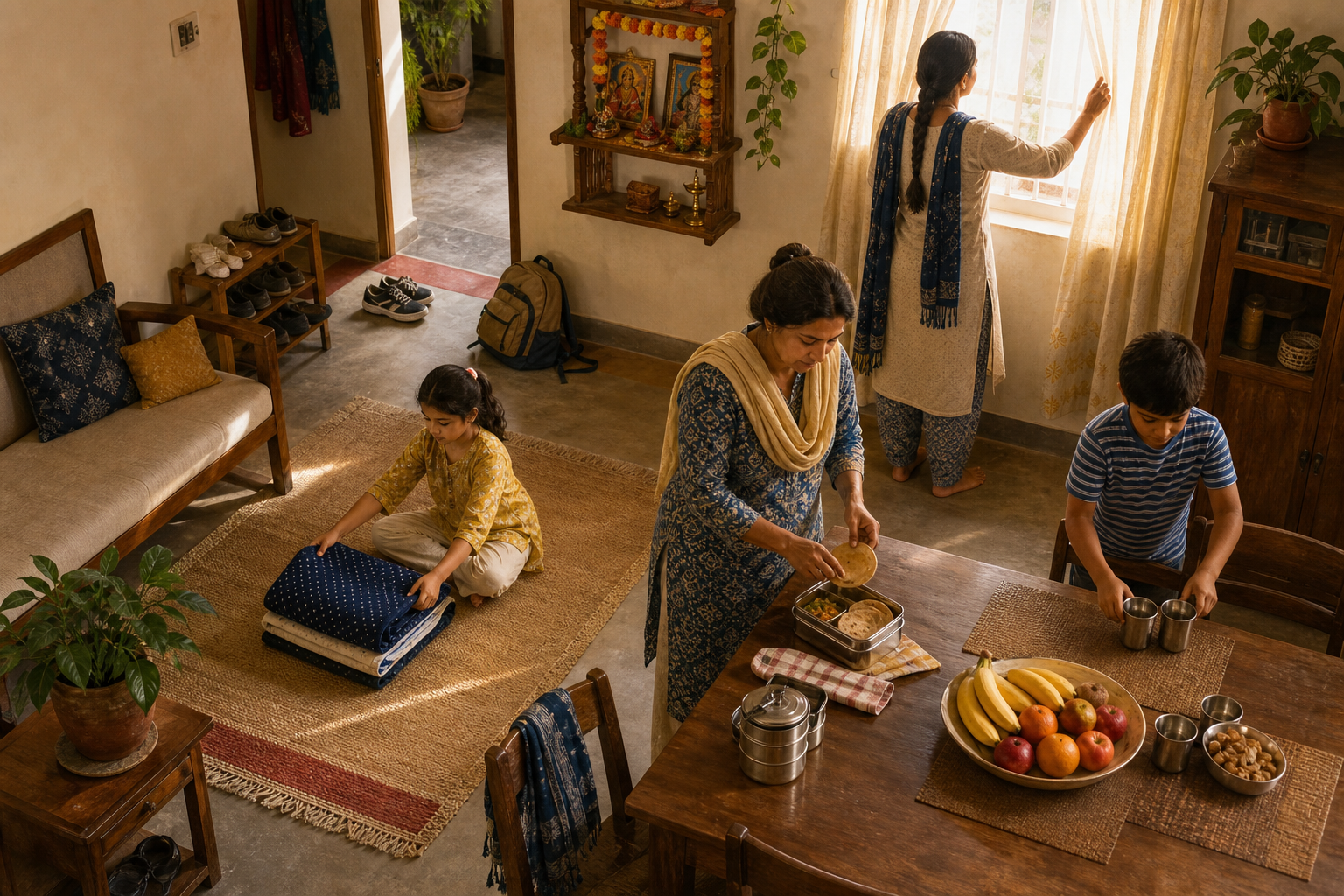 Family members share simple morning tasks in a sunlit home, including folding bedding, setting cups, and preparing food.