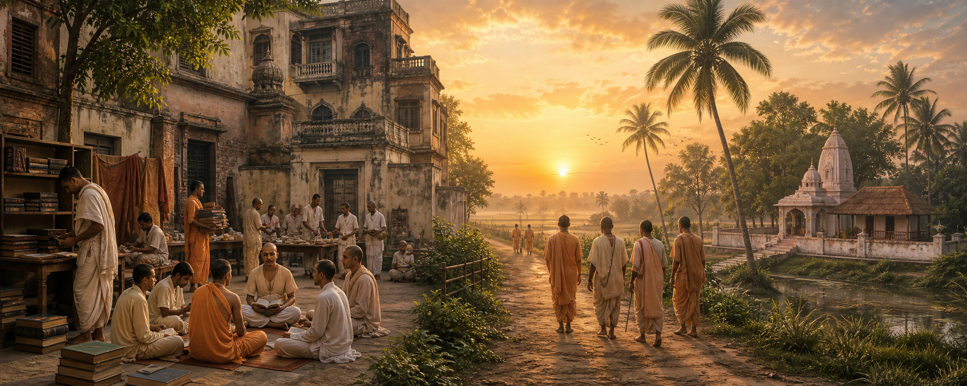 A panoramic scene joins an urban Bengali monastery courtyard in Baghbazar with a spacious riverside temple landscape in Mayapur under one dawn sky.