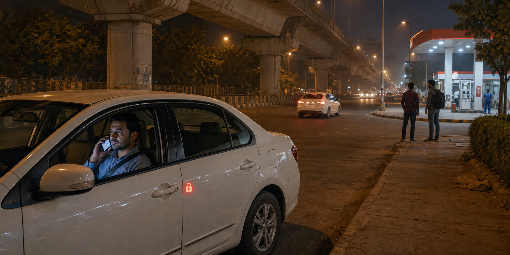 A cab driver makes a phone call from a parked white sedan while two passengers wait at a distance in a well-lit Delhi street at night.