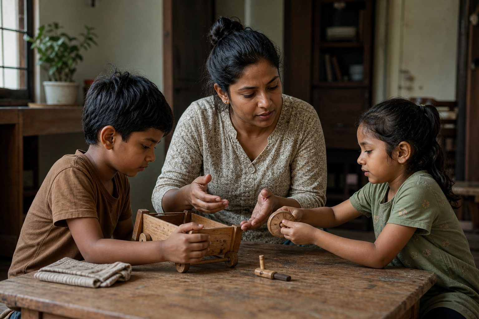 A caregiver guides two children as they repair the loose wheel of a wooden toy cart at a low table.