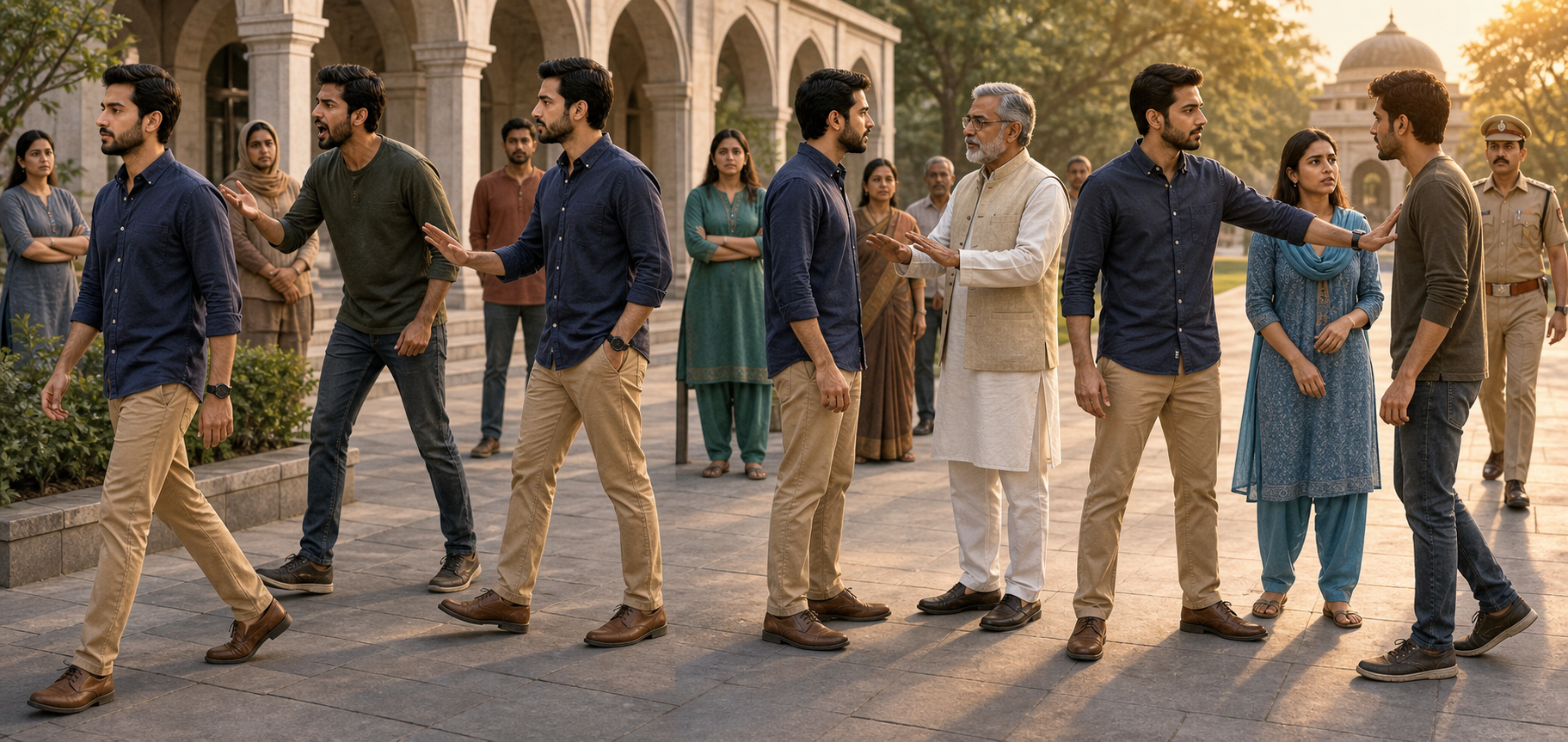 Four connected scenes show one person walking away, speaking calmly, seeking mediation, and finally shielding a vulnerable person during an escalating conflict.