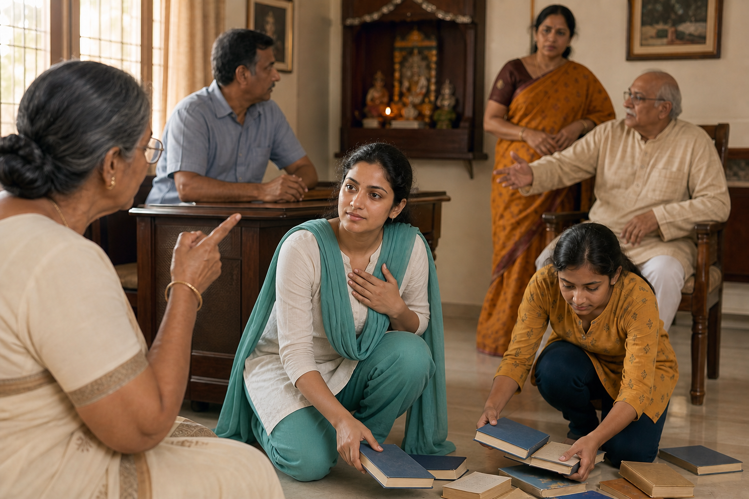 A composed adult listens during a tense family moment and helps a child pick up spilled books in a sunlit home.