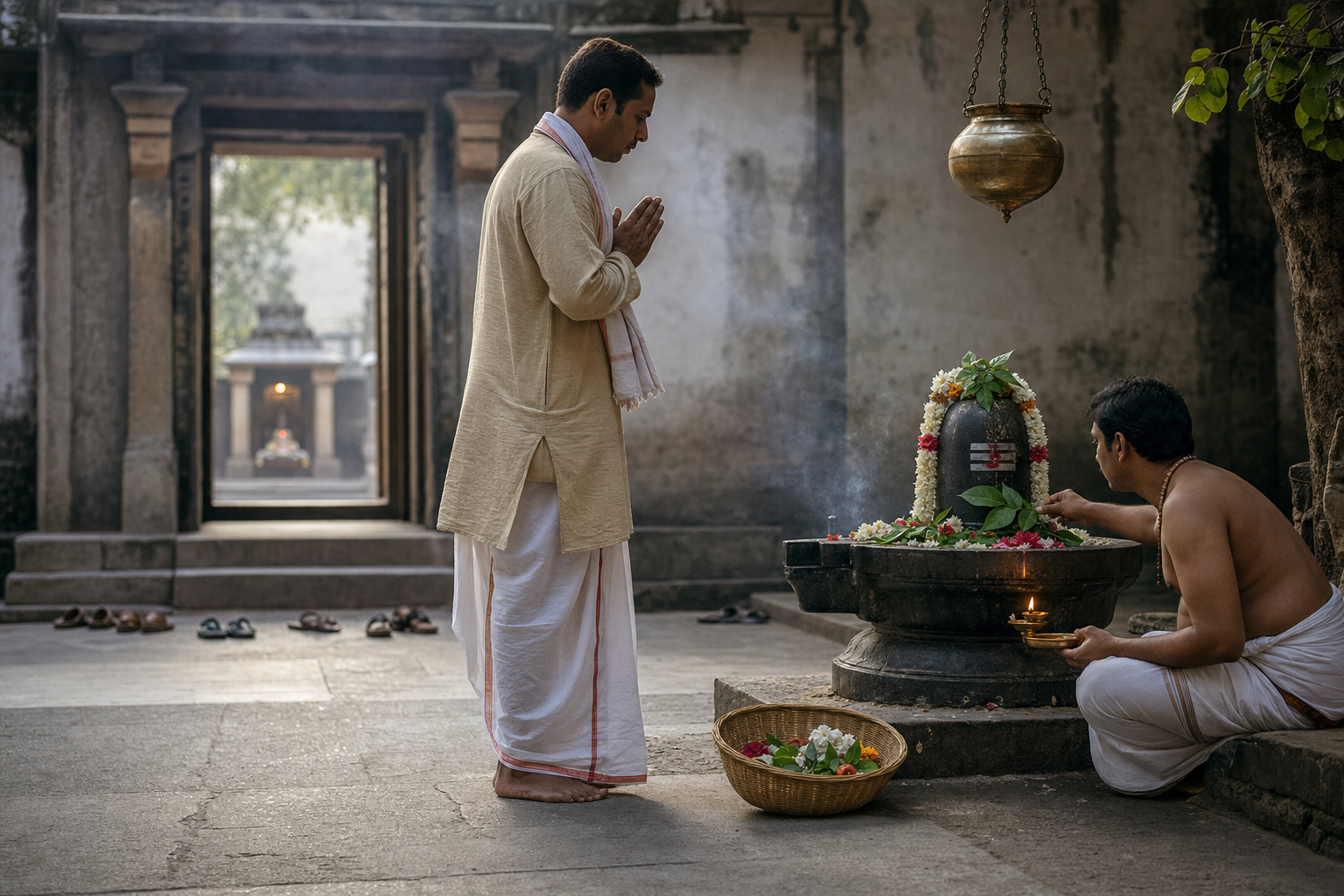 Two pilgrims worship quietly before a flower-adorned Shiva linga in a softly lit temple precinct.