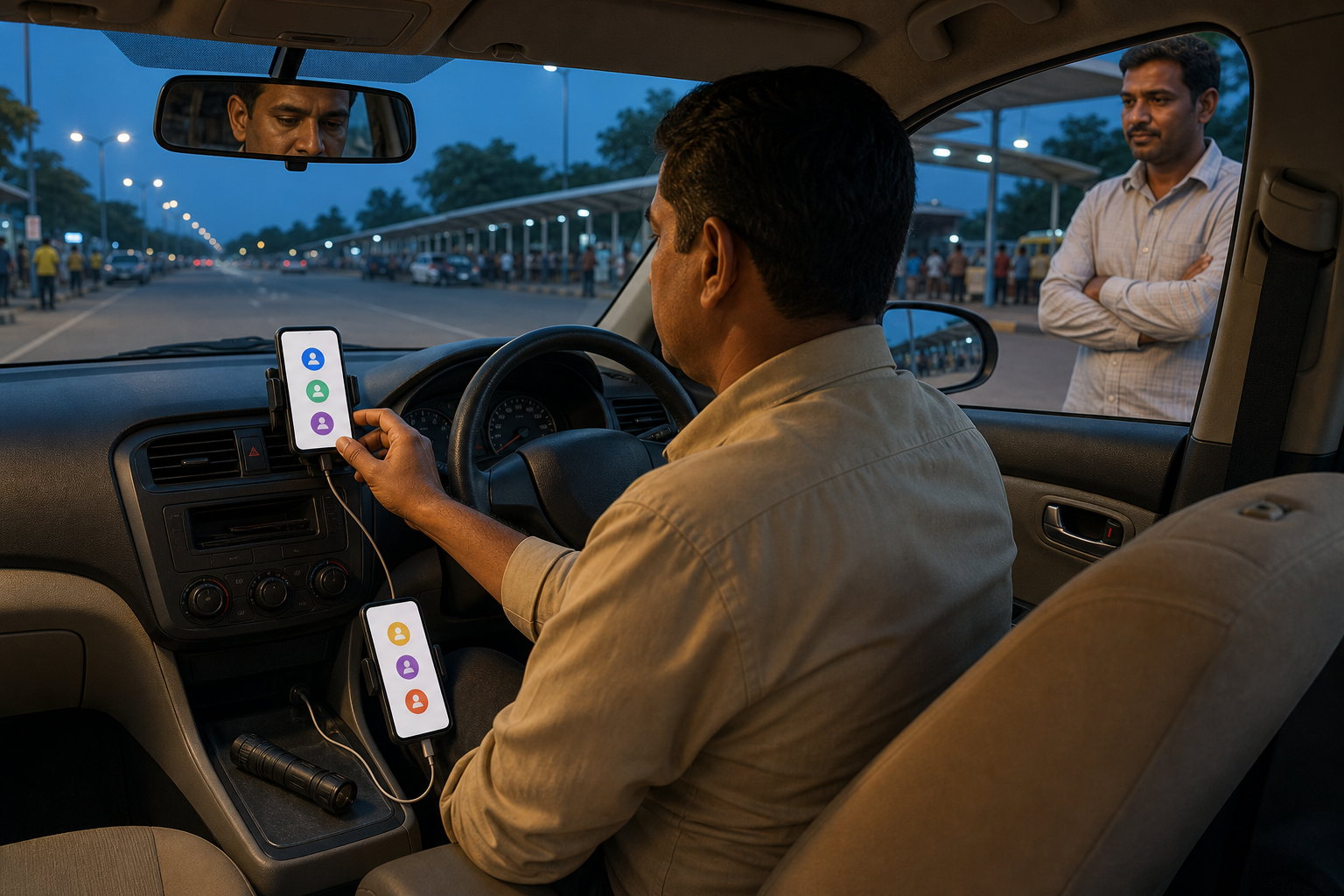 A cab driver checks a mounted phone, charging cable and flashlight inside a parked car before beginning a night shift.