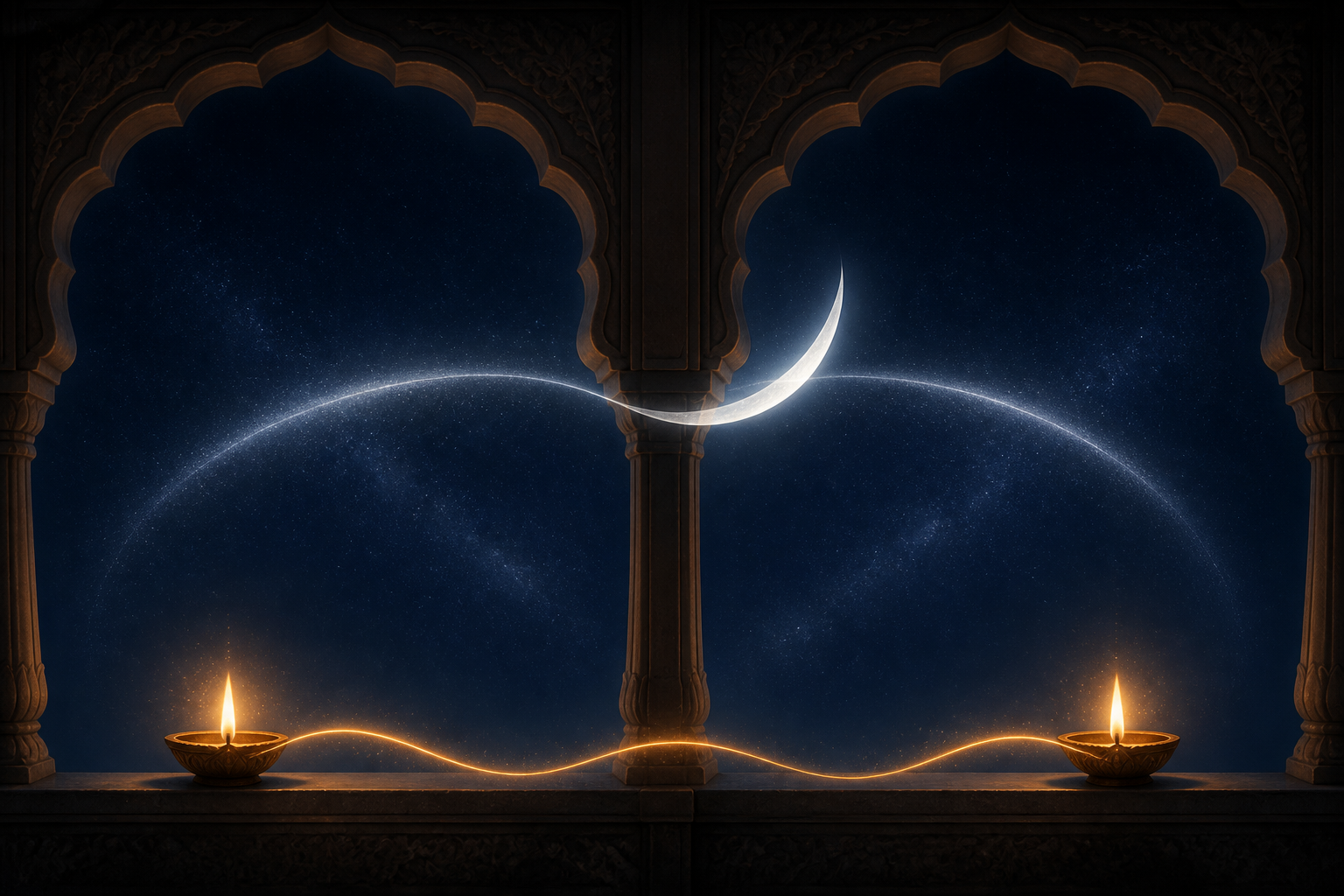 A continuous moonlit arc crosses two adjacent night windows, with two oil lamps connected by one trail of light.