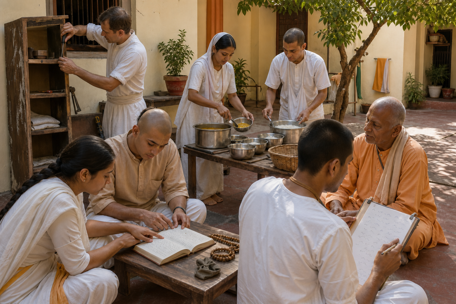 A multigenerational group studies, organizes service tasks, portions a meal, and repairs a shelf together in a monastery courtyard.
