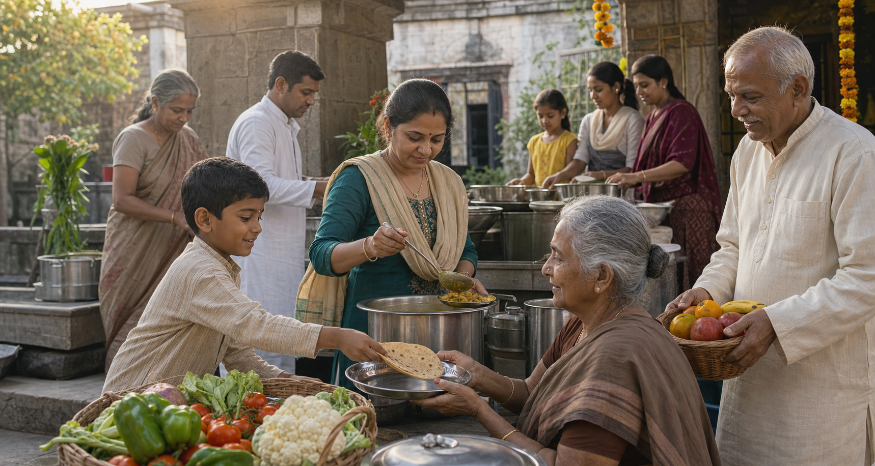 A family and neighbors prepare and serve a meal to an older woman in a shaded community courtyard.