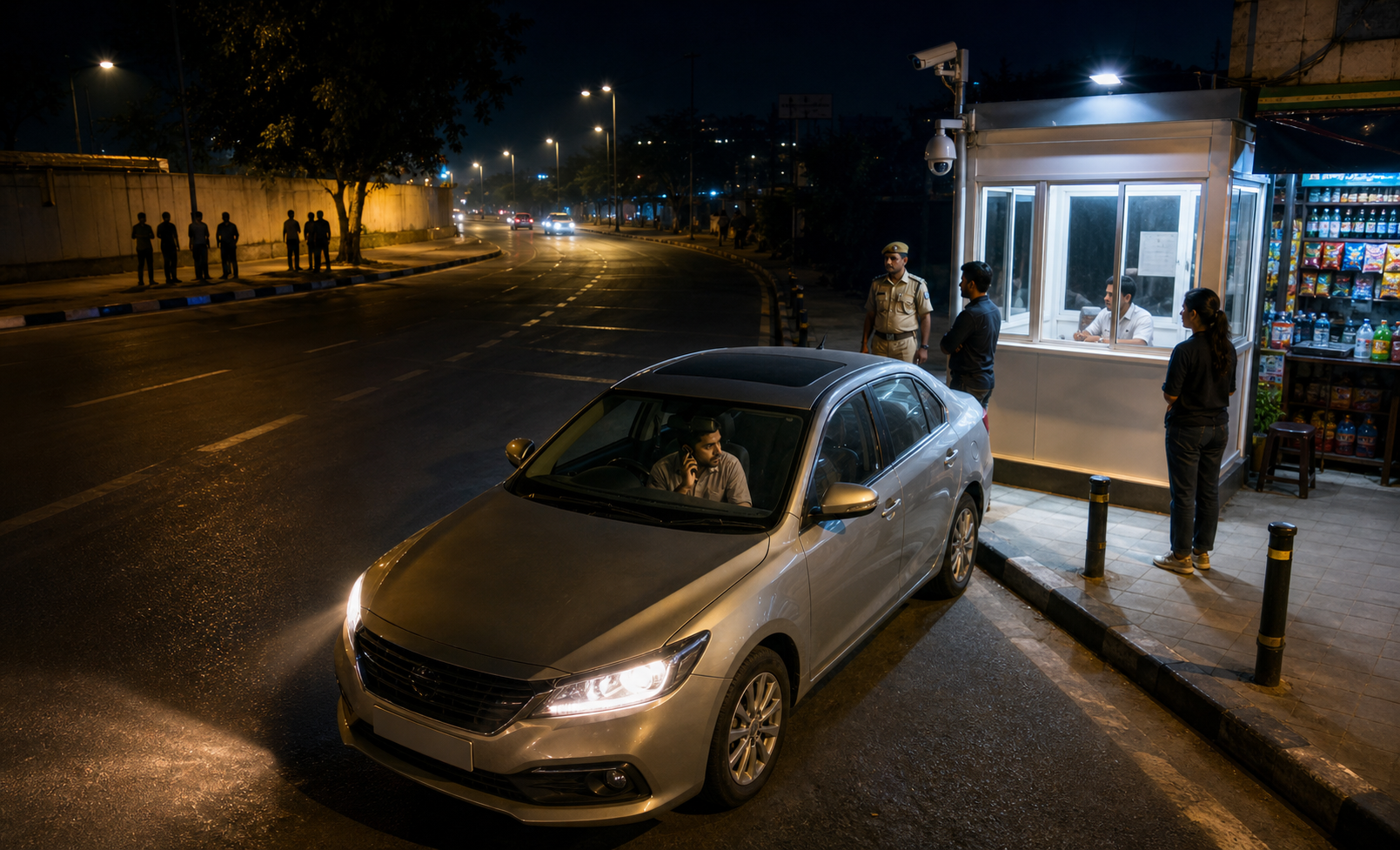 A cab driver calls for help from a locked car beside a brightly lit public booth while distant figures remain near a dark pickup point.
