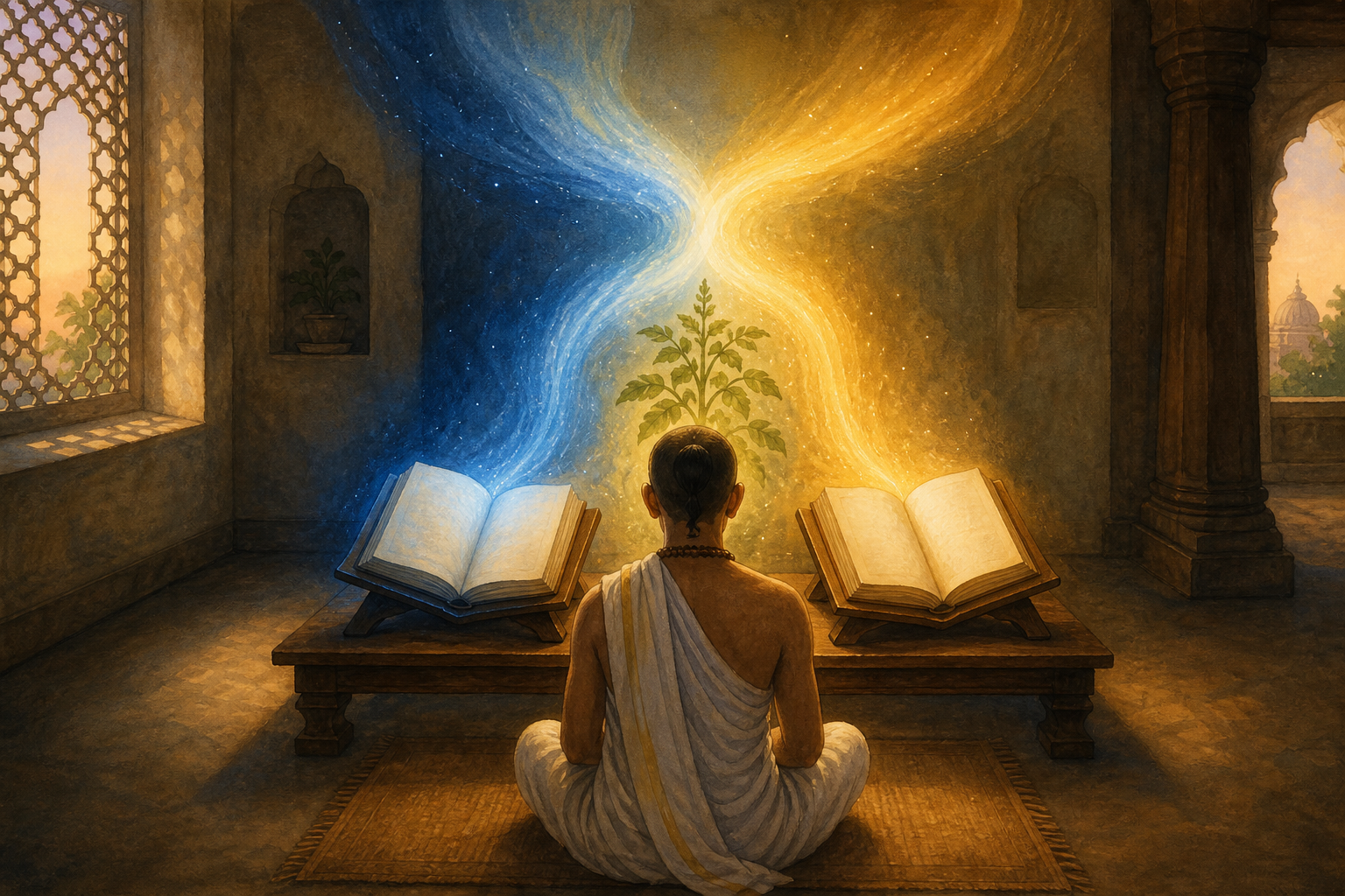 A reader studies two open sacred manuscript volumes lit by blue and golden light beside a tulasi plant in a quiet temple library.