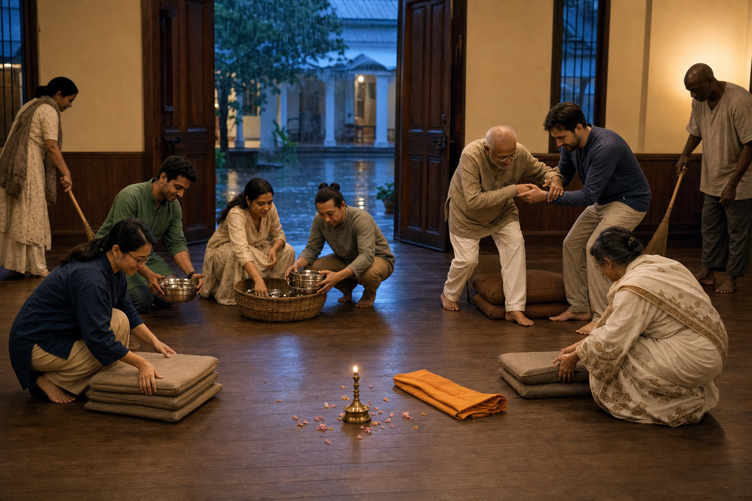Practitioners clean a simple prayer hall, stack cushions, collect bowls, and assist an older attendee after a modest remembrance gathering.
