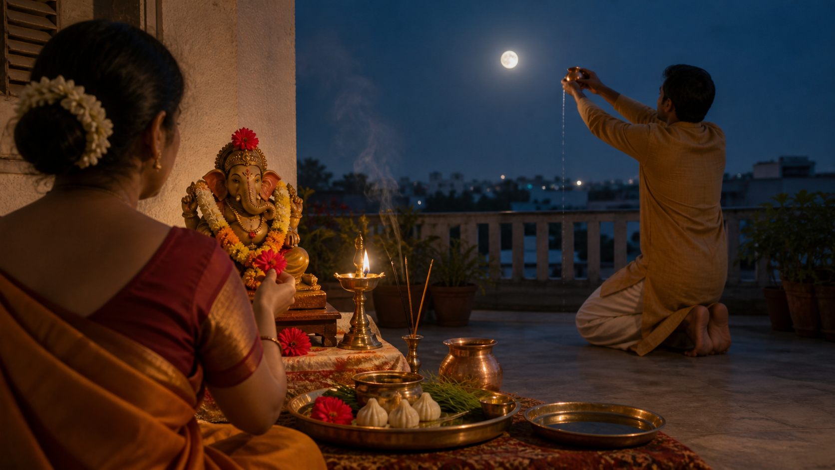Devotees worship at a Ganesha altar and offer water toward the moon from an open terrace.
