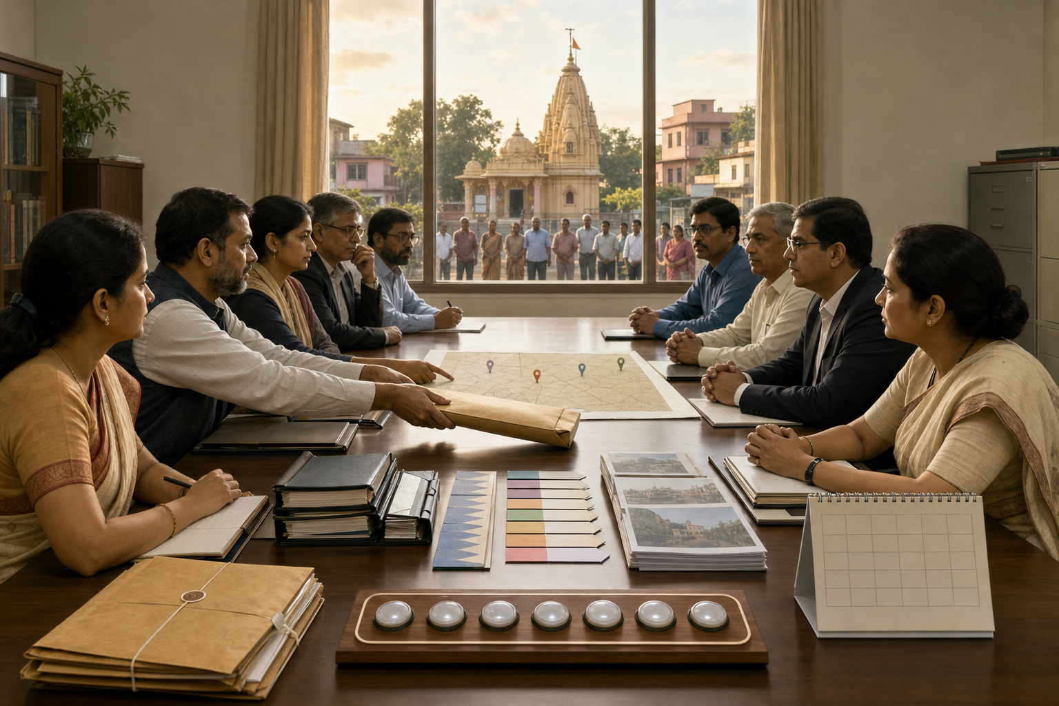 A community delegation presents organized evidence folders to public officials across a meeting table, with an unlabeled map and blank calendar visible between them.