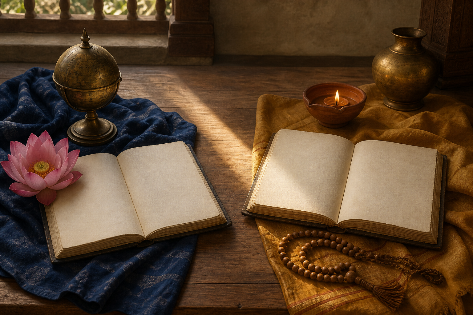 Two open manuscripts share a wooden table, with blue devotional objects on one side and golden prayer beads and a lamp on the other.