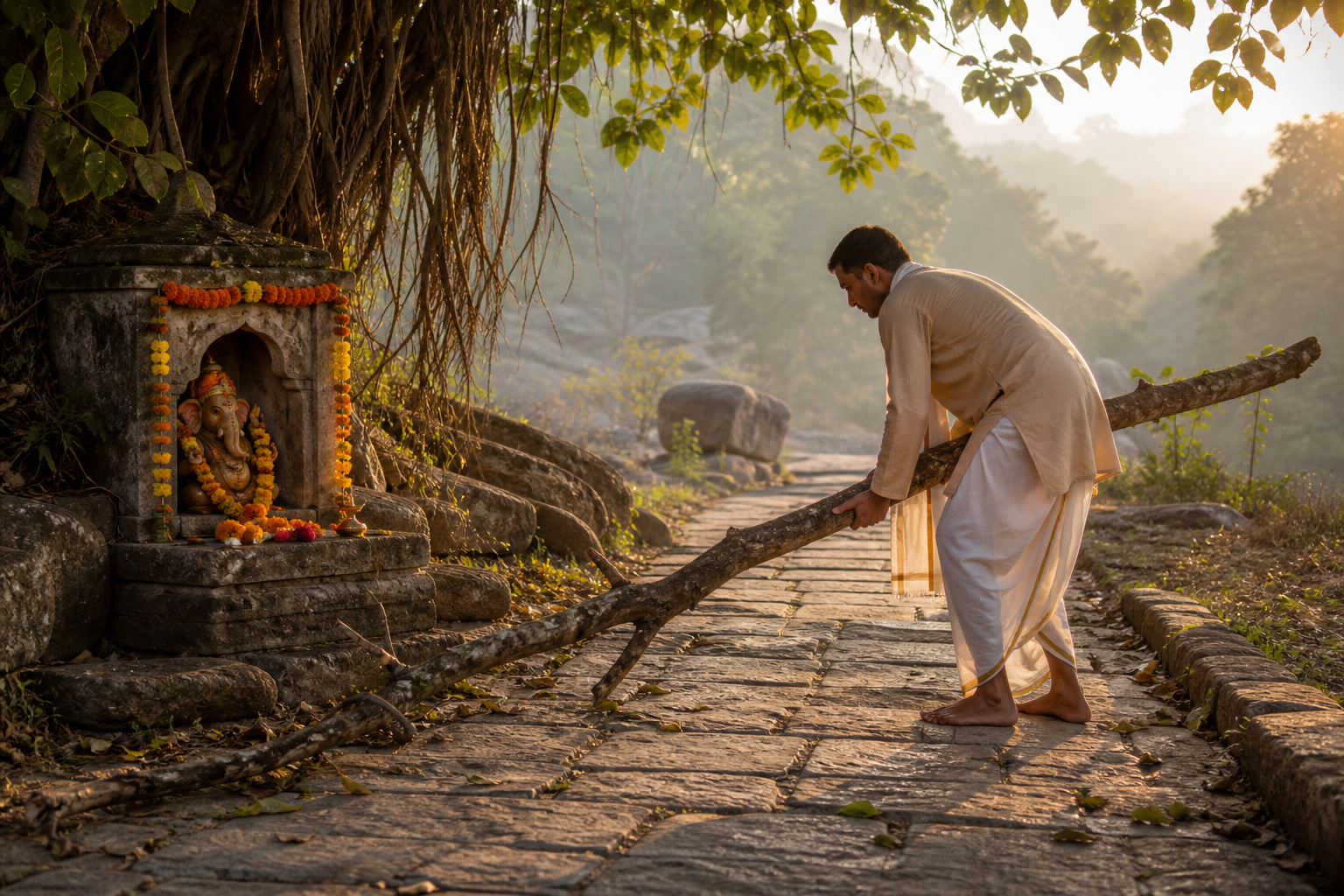 A devotee begins moving a fallen branch from a pathway beside a small flower-adorned Ganesha shrine.