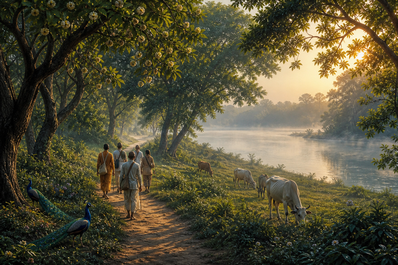 Pilgrims walk beneath old trees along an earthen path toward the Yamuna at dawn, with peacocks and grazing cows nearby.
