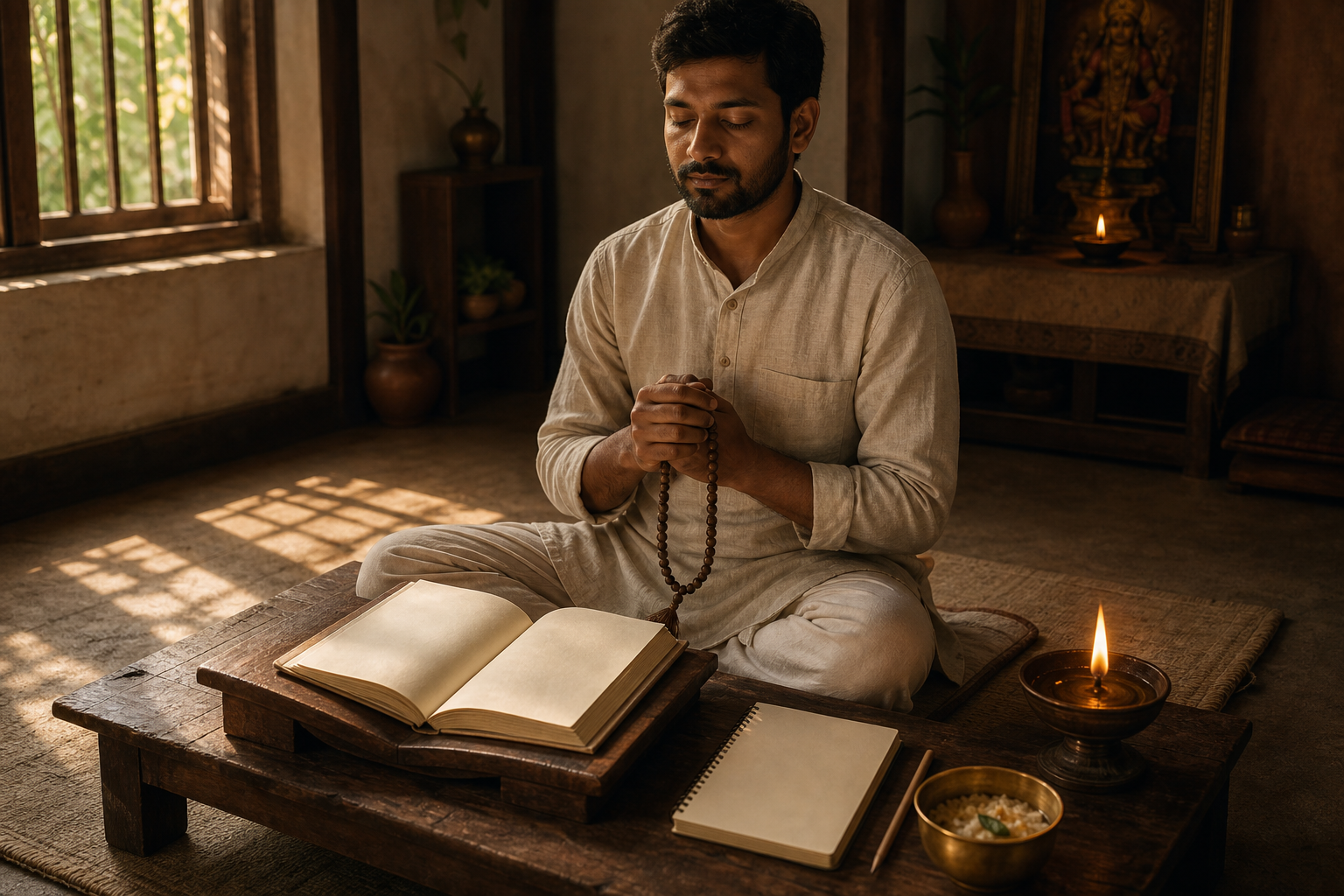 A seated devotee reads an open manuscript beside prayer beads, a blank notebook, a serving bowl, and an oil lamp in a simple shrine room.